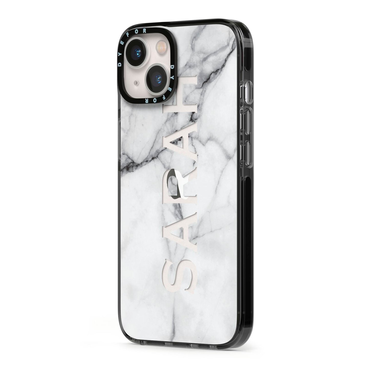 Personalised Clear Name See Through Grey Marble iPhone 13 Black Impact Case Side Angle on Silver phone