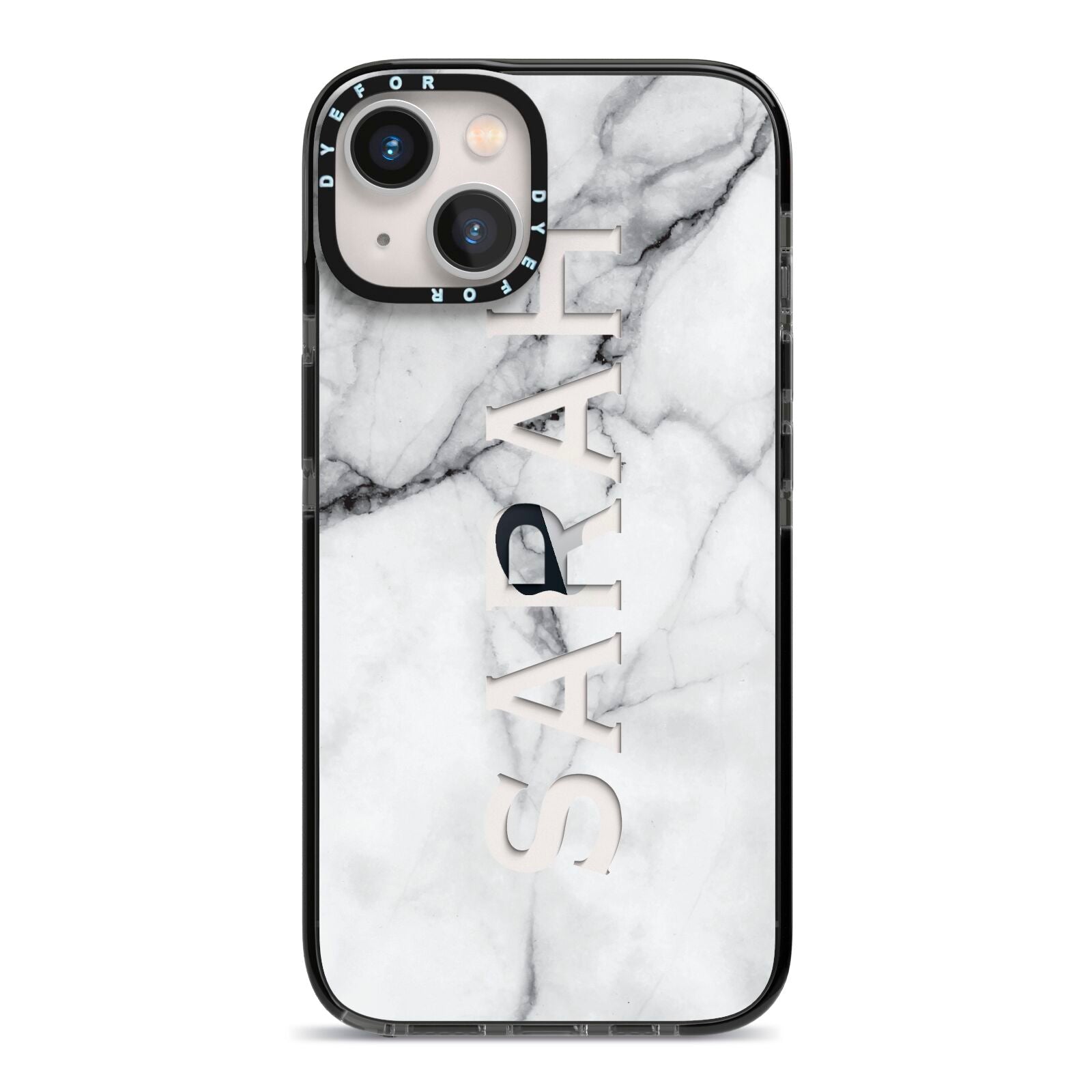 Personalised Clear Name See Through Grey Marble iPhone 13 Black Impact Case on Silver phone