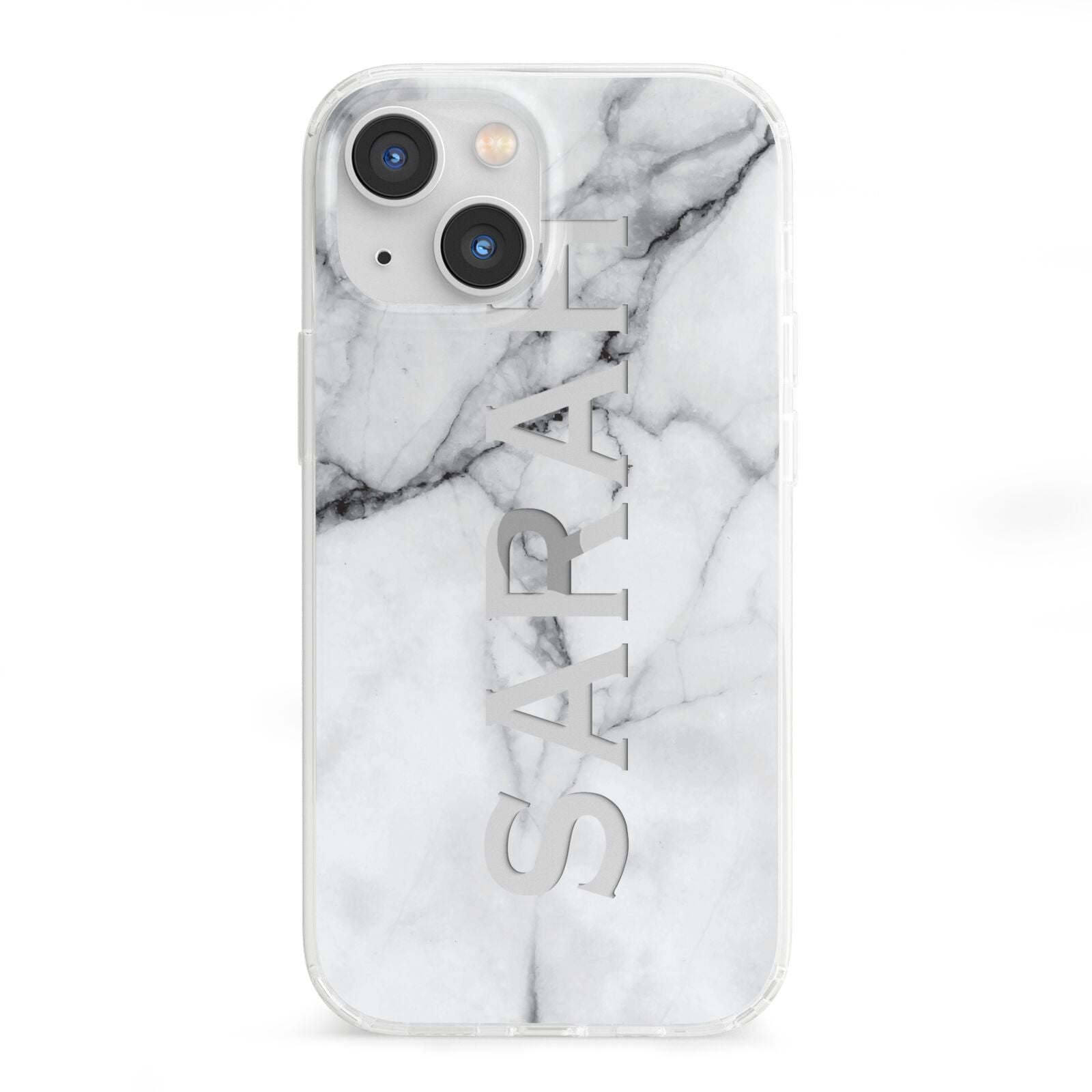 Personalised Clear Name See Through Grey Marble iPhone 13 Mini Clear Bumper Case