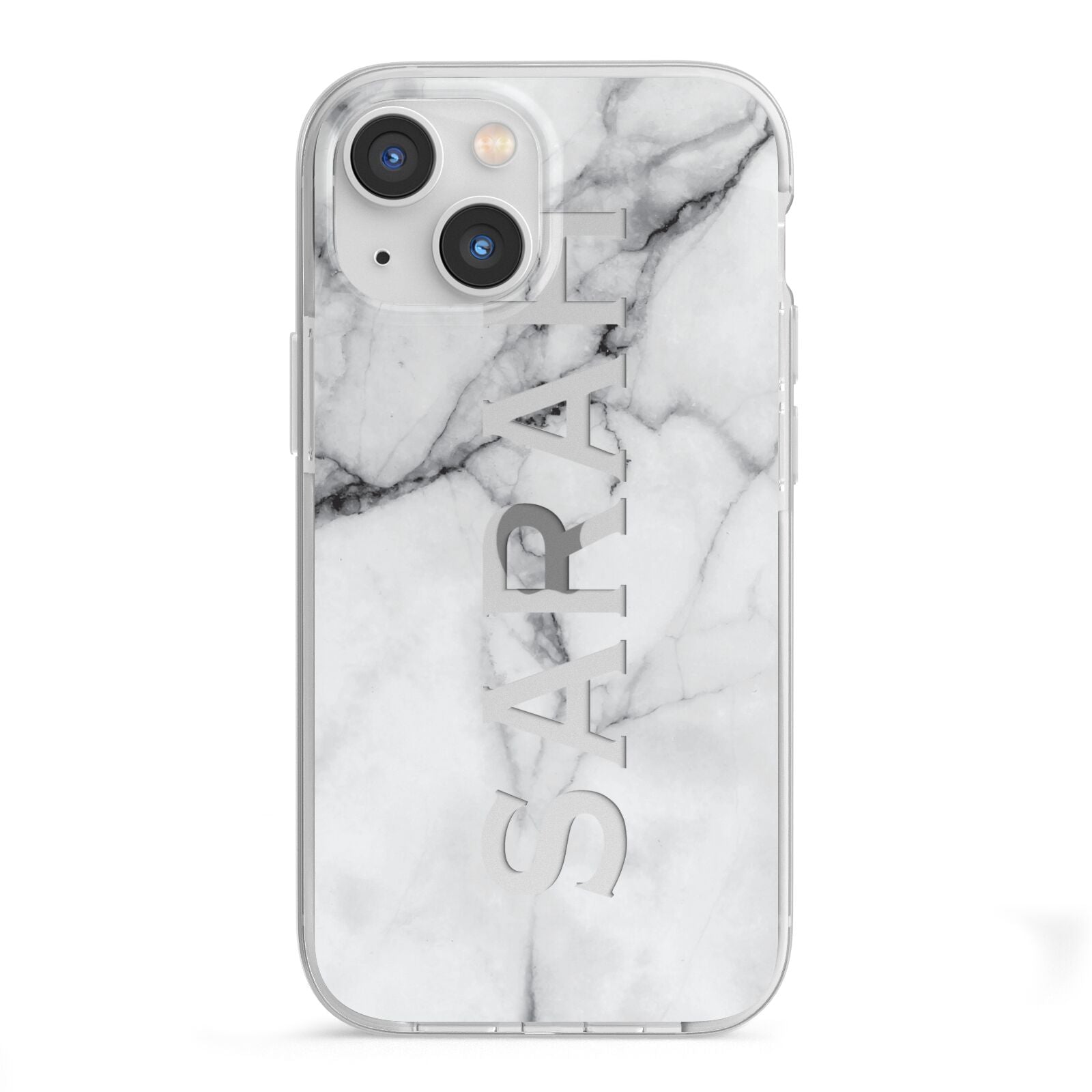 Personalised Clear Name See Through Grey Marble iPhone 13 Mini TPU Impact Case with White Edges