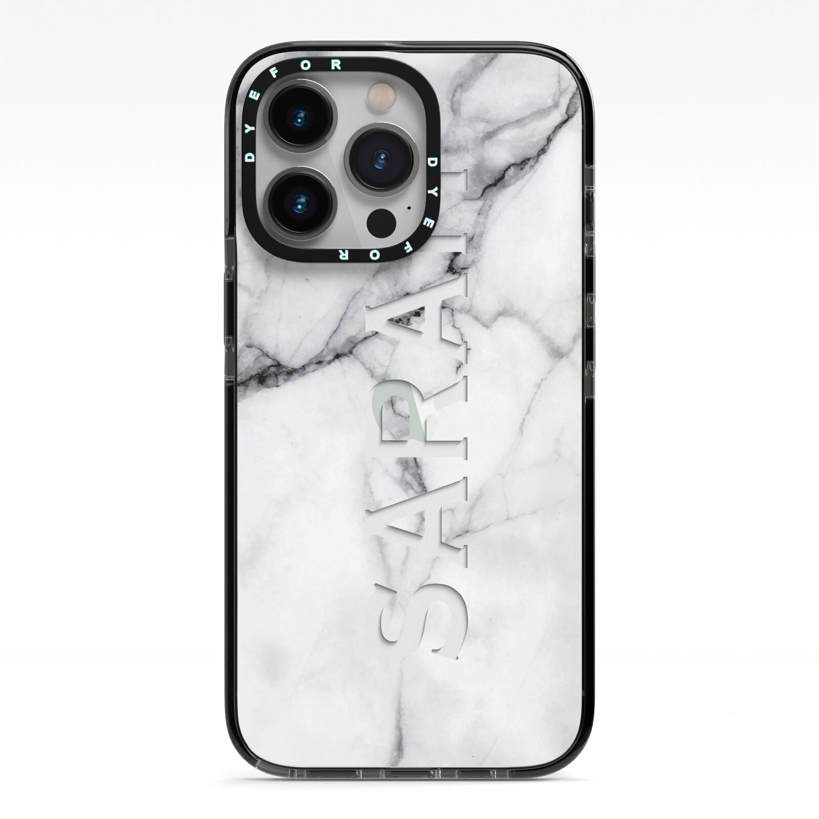 Personalised Clear Name See Through Grey Marble iPhone 13 Pro Black Impact Case on Silver phone
