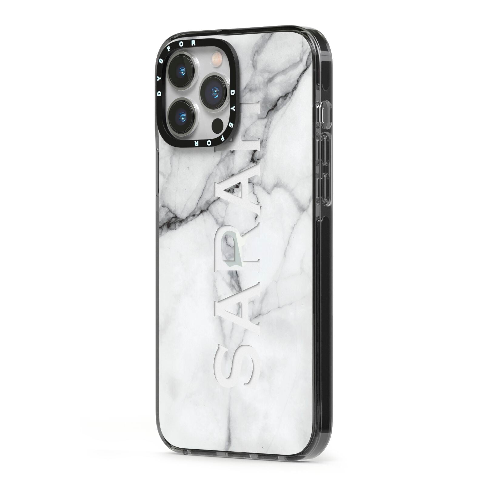 Personalised Clear Name See Through Grey Marble iPhone 13 Pro Max Black Impact Case Side Angle on Silver phone