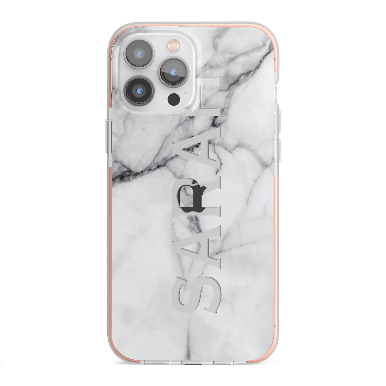 Personalised Clear Name See Through Grey Marble iPhone 13 Pro Max TPU Impact Case with Pink Edges