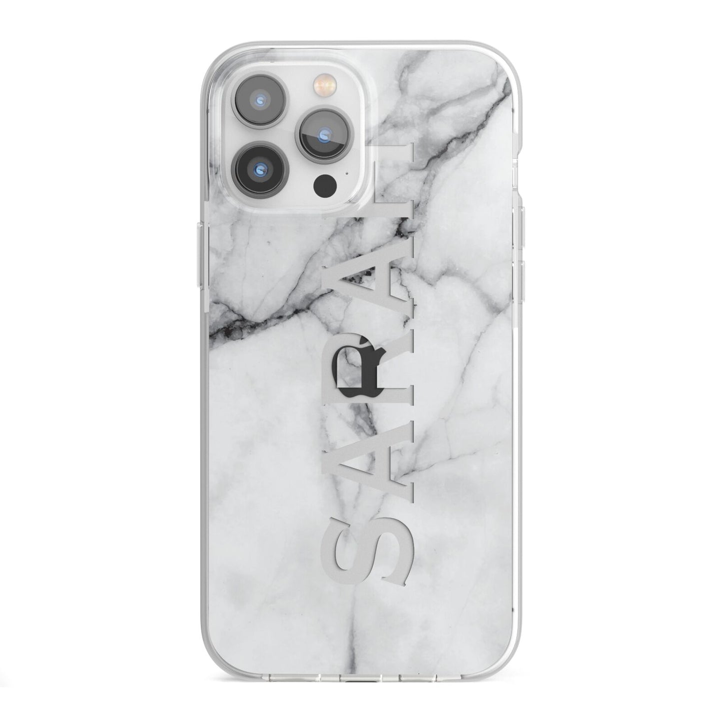Personalised Clear Name See Through Grey Marble iPhone 13 Pro Max TPU Impact Case with White Edges