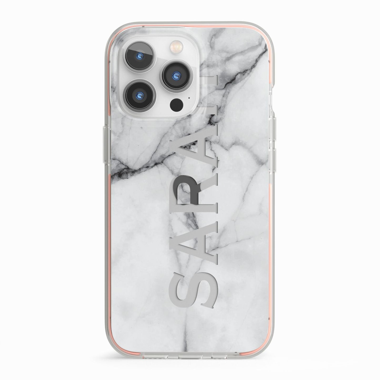 Personalised Clear Name See Through Grey Marble iPhone 13 Pro TPU Impact Case with Pink Edges