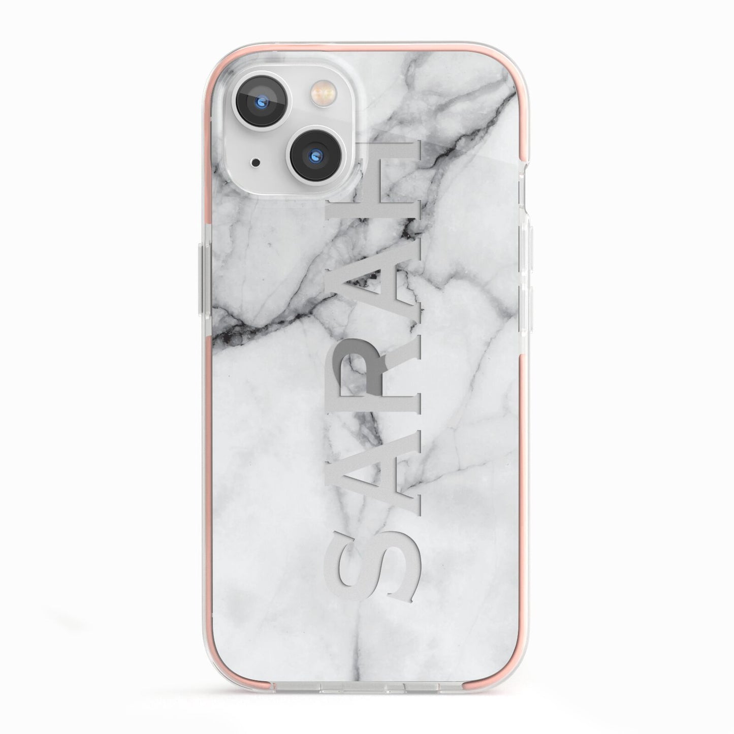Personalised Clear Name See Through Grey Marble iPhone 13 TPU Impact Case with Pink Edges