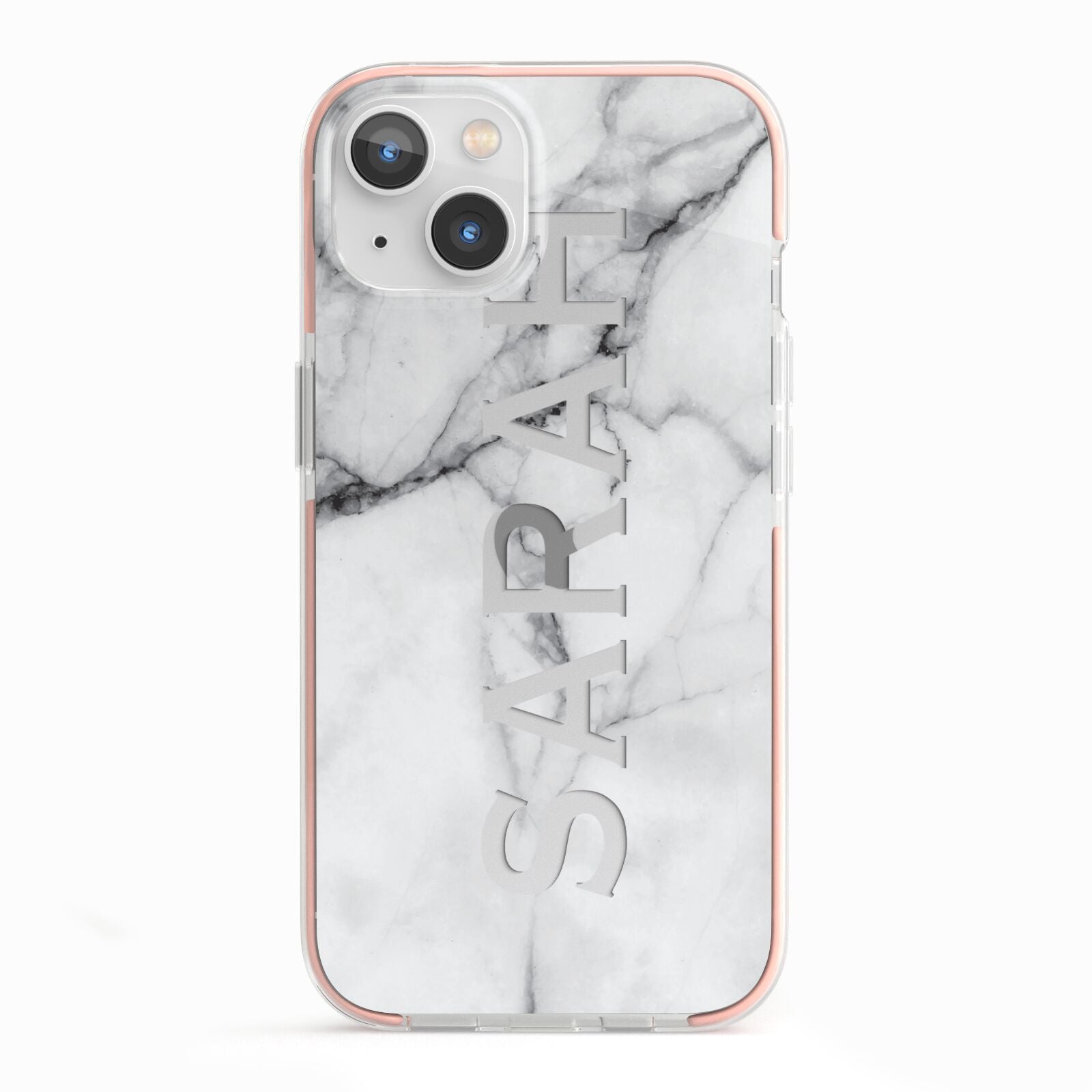 Personalised Clear Name See Through Grey Marble iPhone 13 TPU Impact Case with Pink Edges