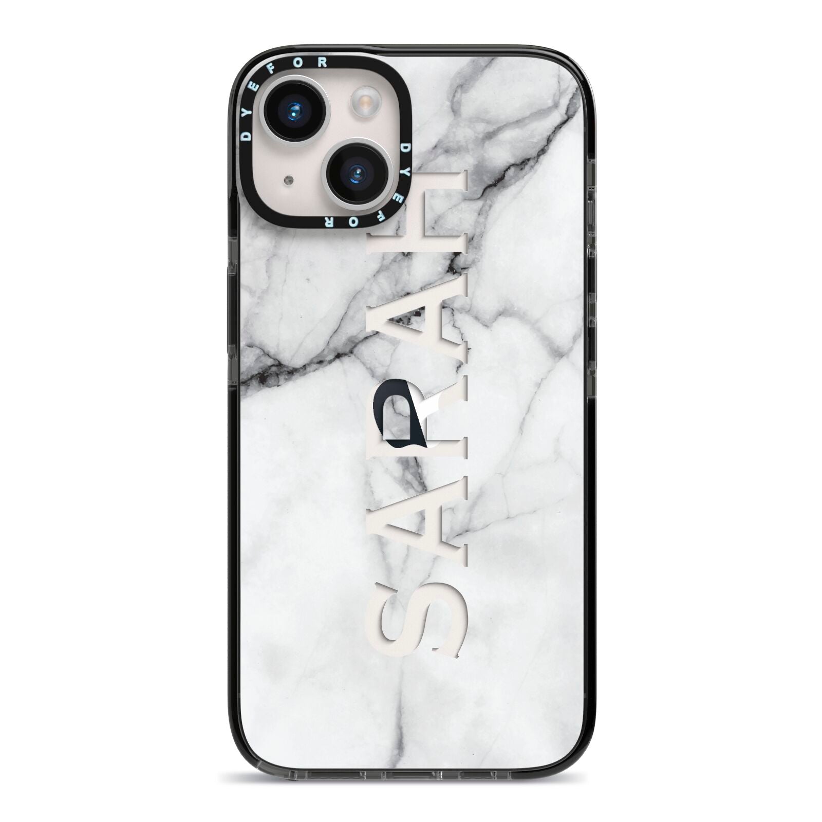Personalised Clear Name See Through Grey Marble iPhone 14 Black Impact Case on Silver phone
