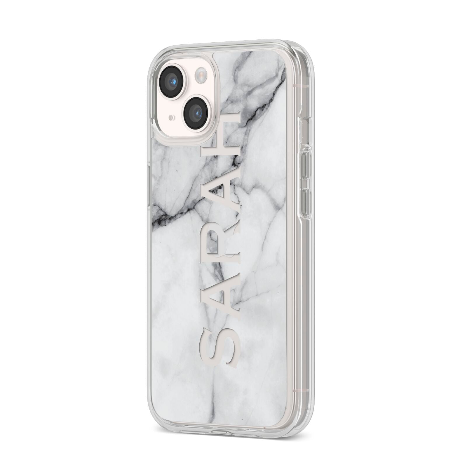 Personalised Clear Name See Through Grey Marble iPhone 14 Clear Tough Case Starlight Angled Image