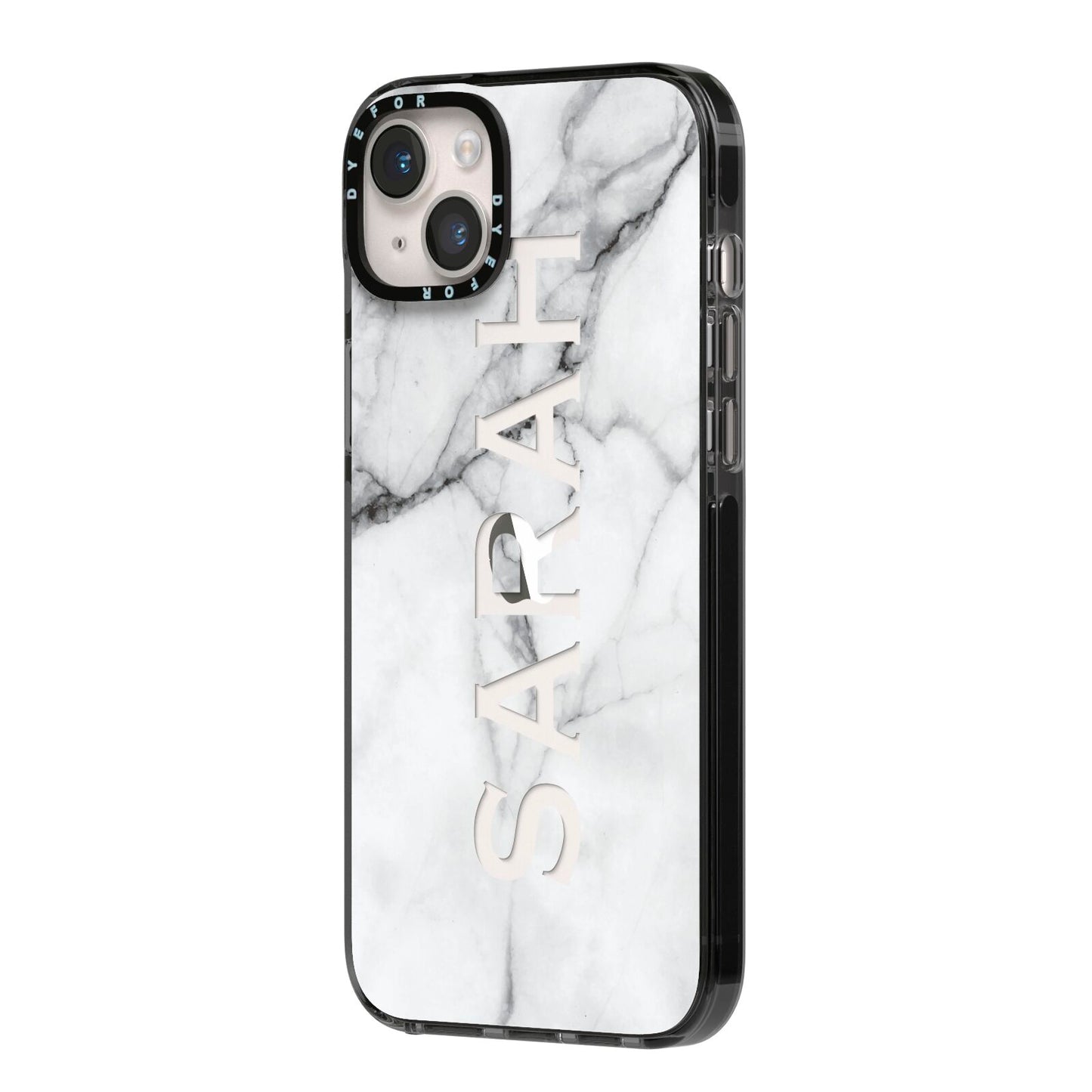 Personalised Clear Name See Through Grey Marble iPhone 14 Plus Black Impact Case Side Angle on Silver phone