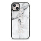 Personalised Clear Name See Through Grey Marble iPhone 14 Plus Black Impact Case on Silver phone