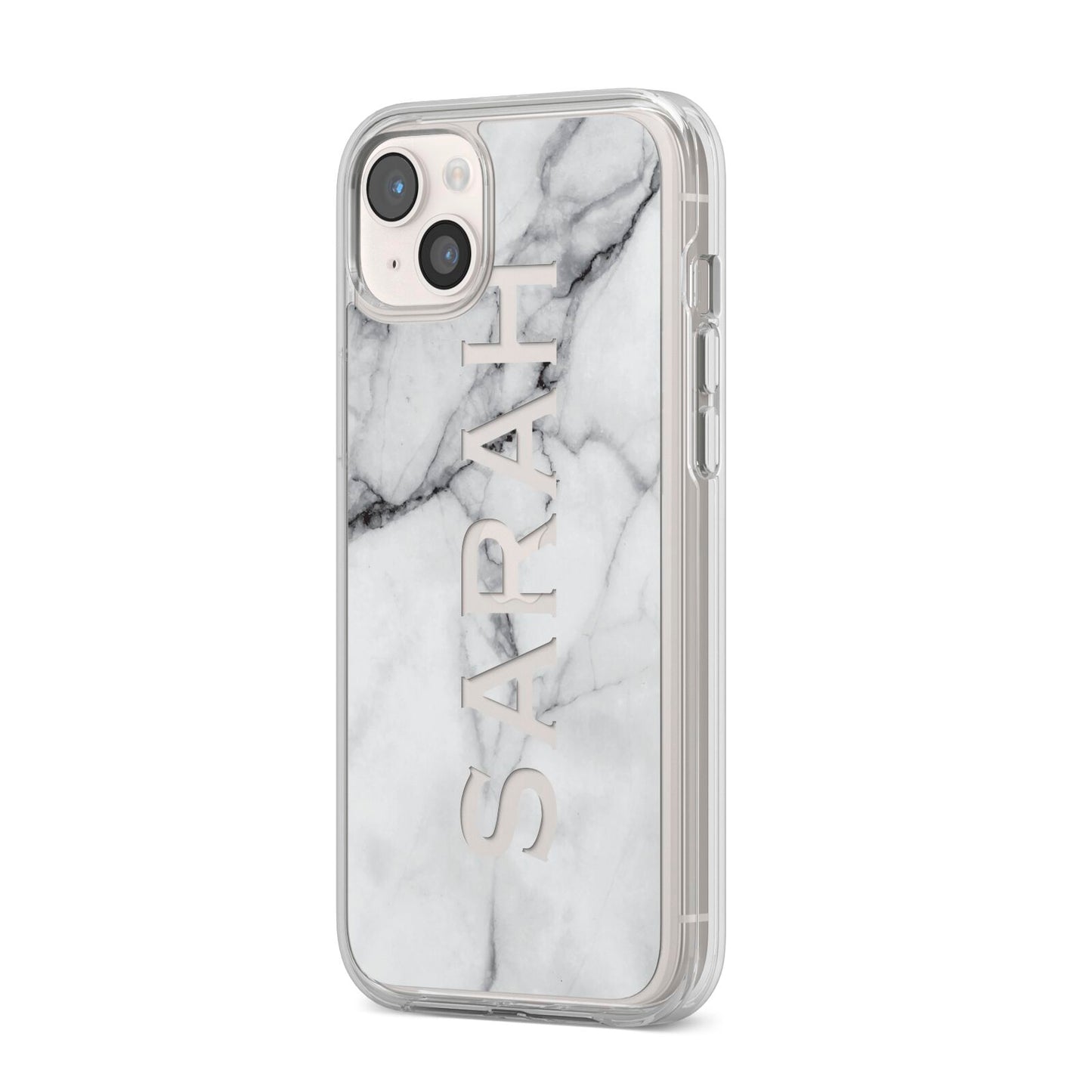 Personalised Clear Name See Through Grey Marble iPhone 14 Plus Clear Tough Case Starlight Angled Image