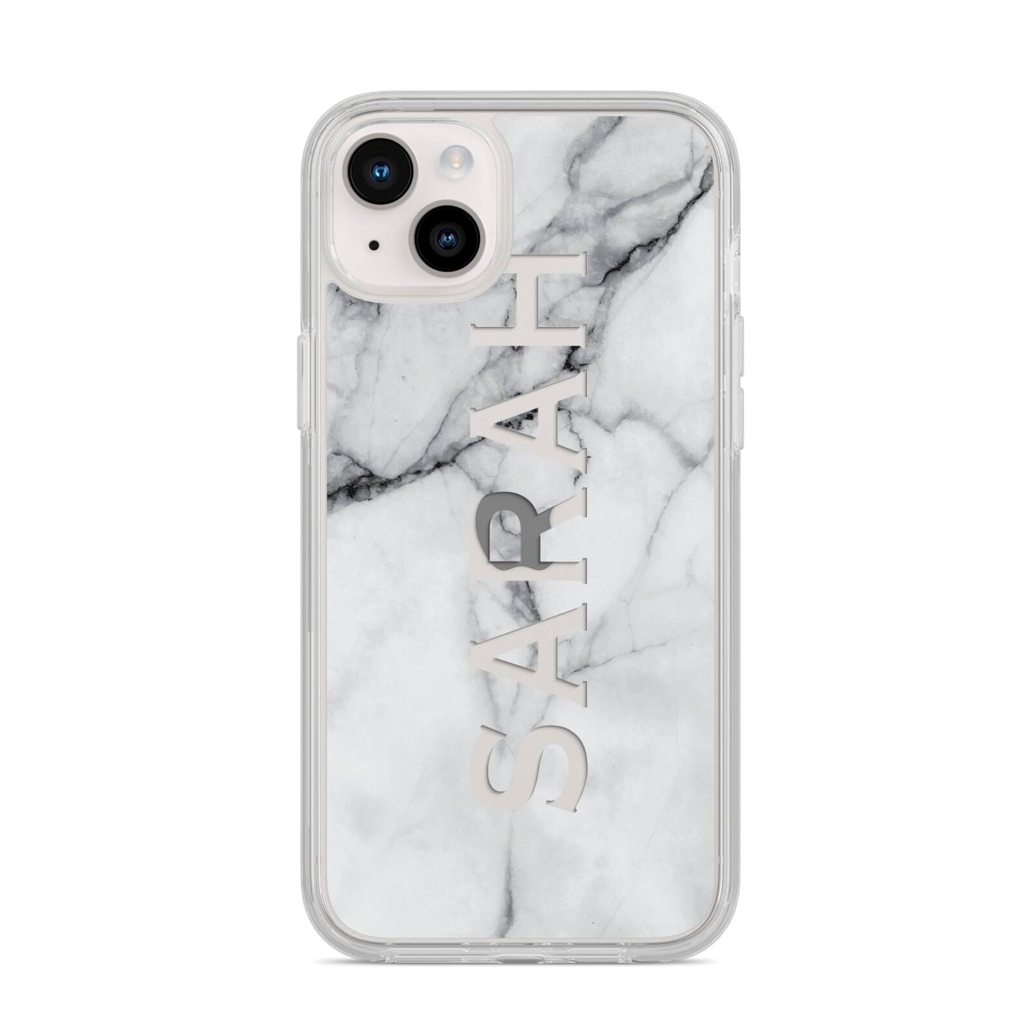 Personalised Clear Name See Through Grey Marble iPhone 14 Plus Clear Tough Case Starlight