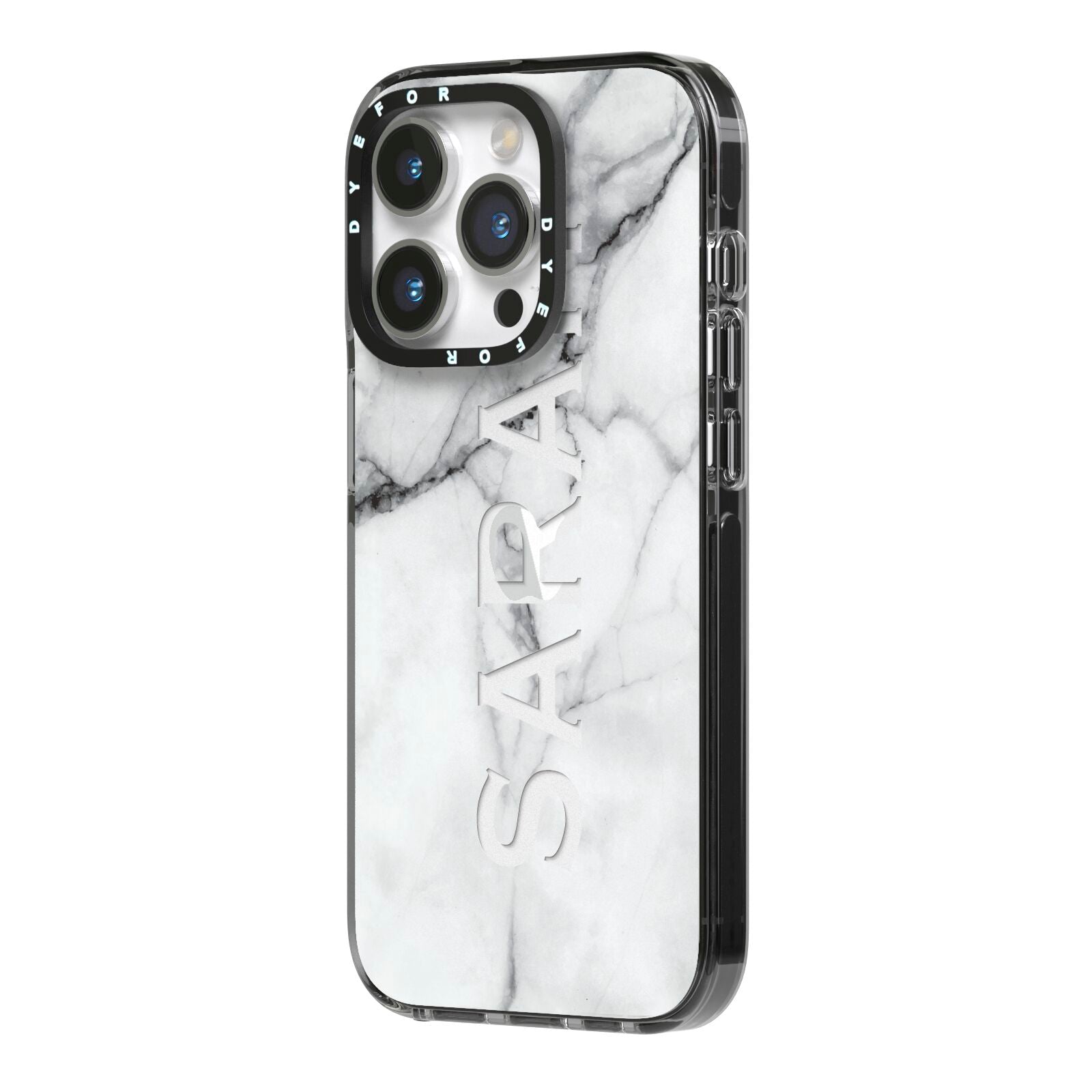 Personalised Clear Name See Through Grey Marble iPhone 14 Pro Black Impact Case Side Angle on Silver phone