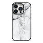 Personalised Clear Name See Through Grey Marble iPhone 14 Pro Black Impact Case on Silver phone