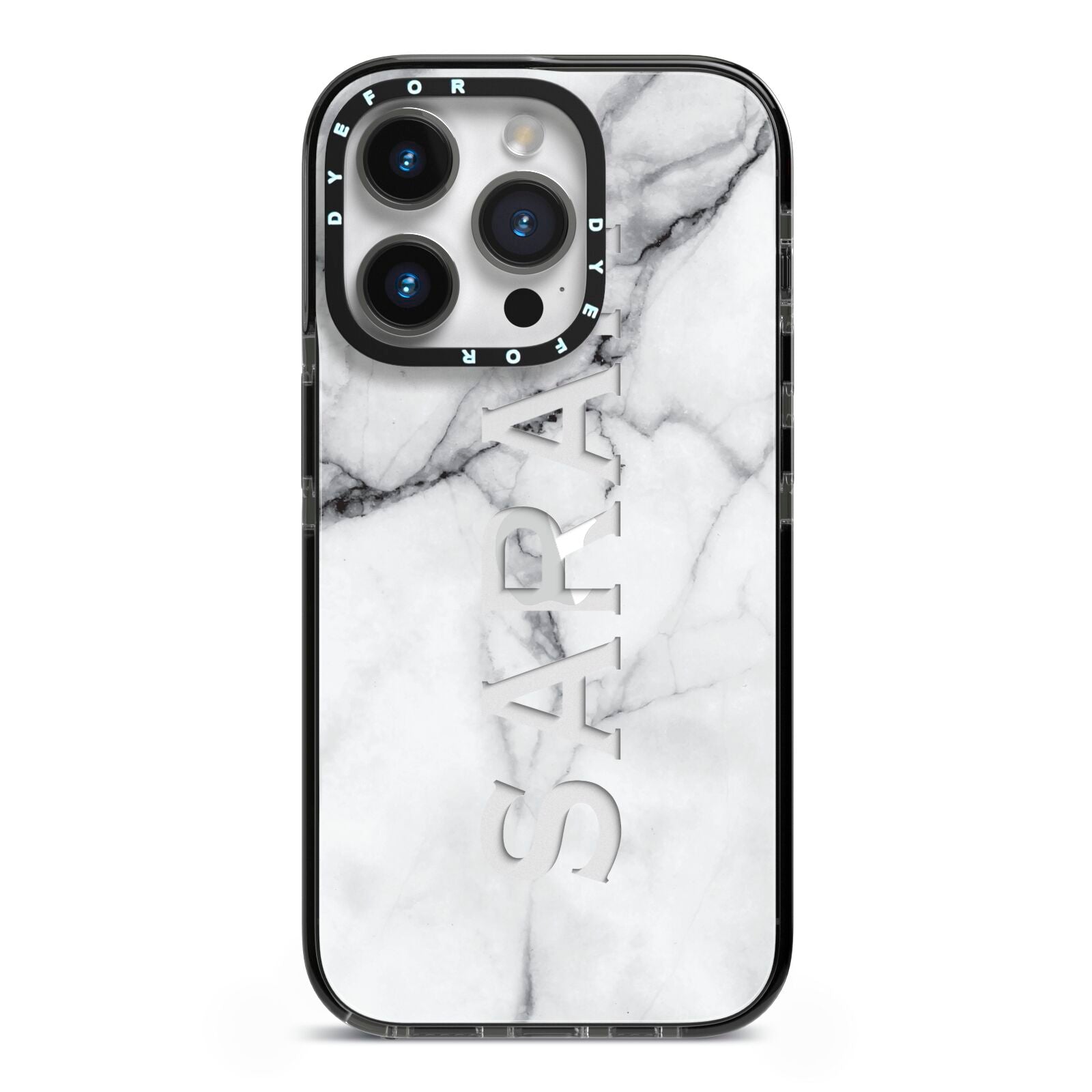 Personalised Clear Name See Through Grey Marble iPhone 14 Pro Black Impact Case on Silver phone