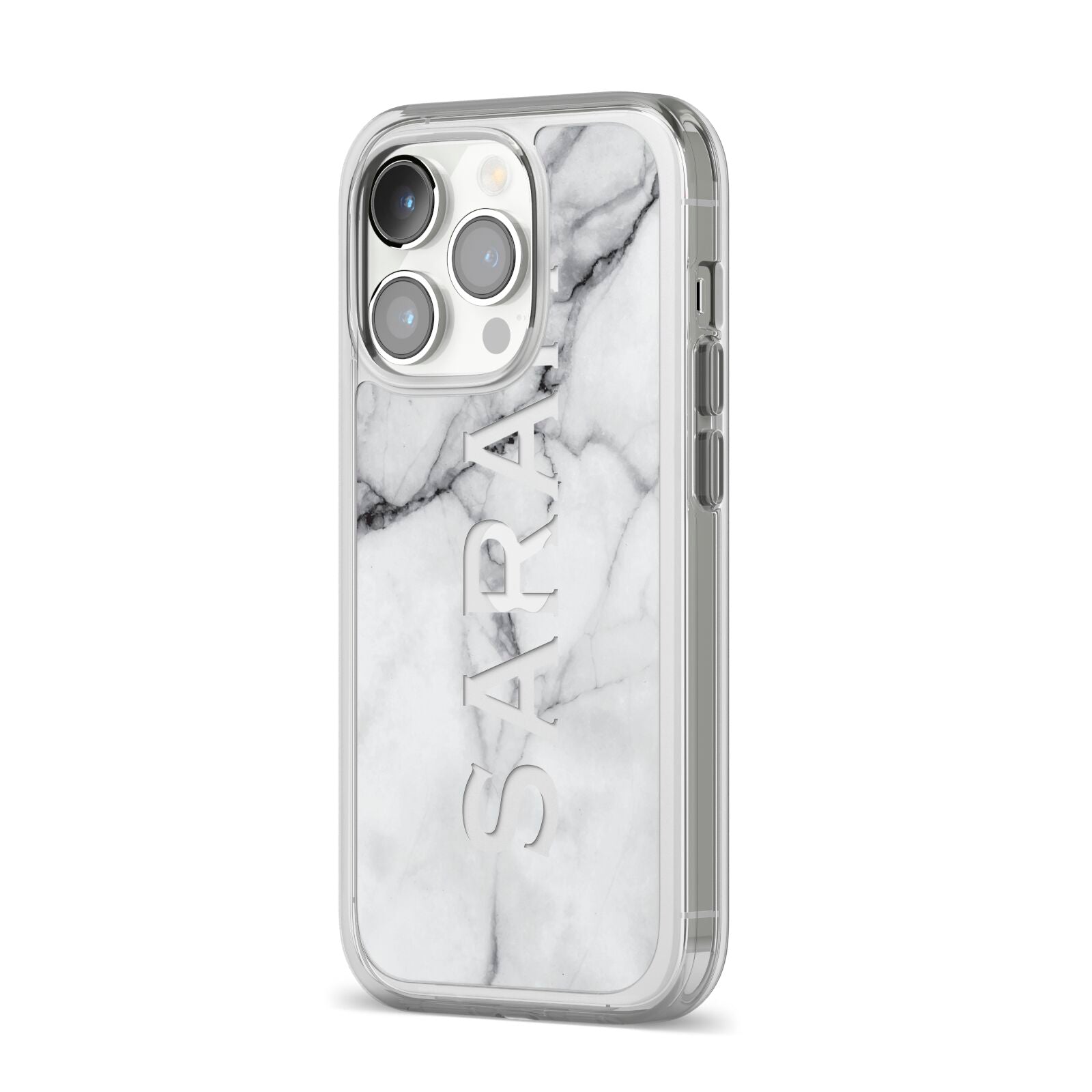 Personalised Clear Name See Through Grey Marble iPhone 14 Pro Clear Tough Case Silver Angled Image