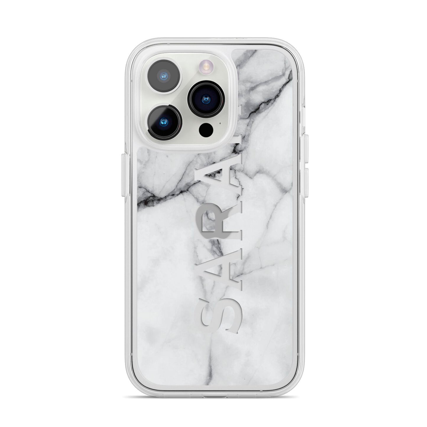 Personalised Clear Name See Through Grey Marble iPhone 14 Pro Clear Tough Case Silver