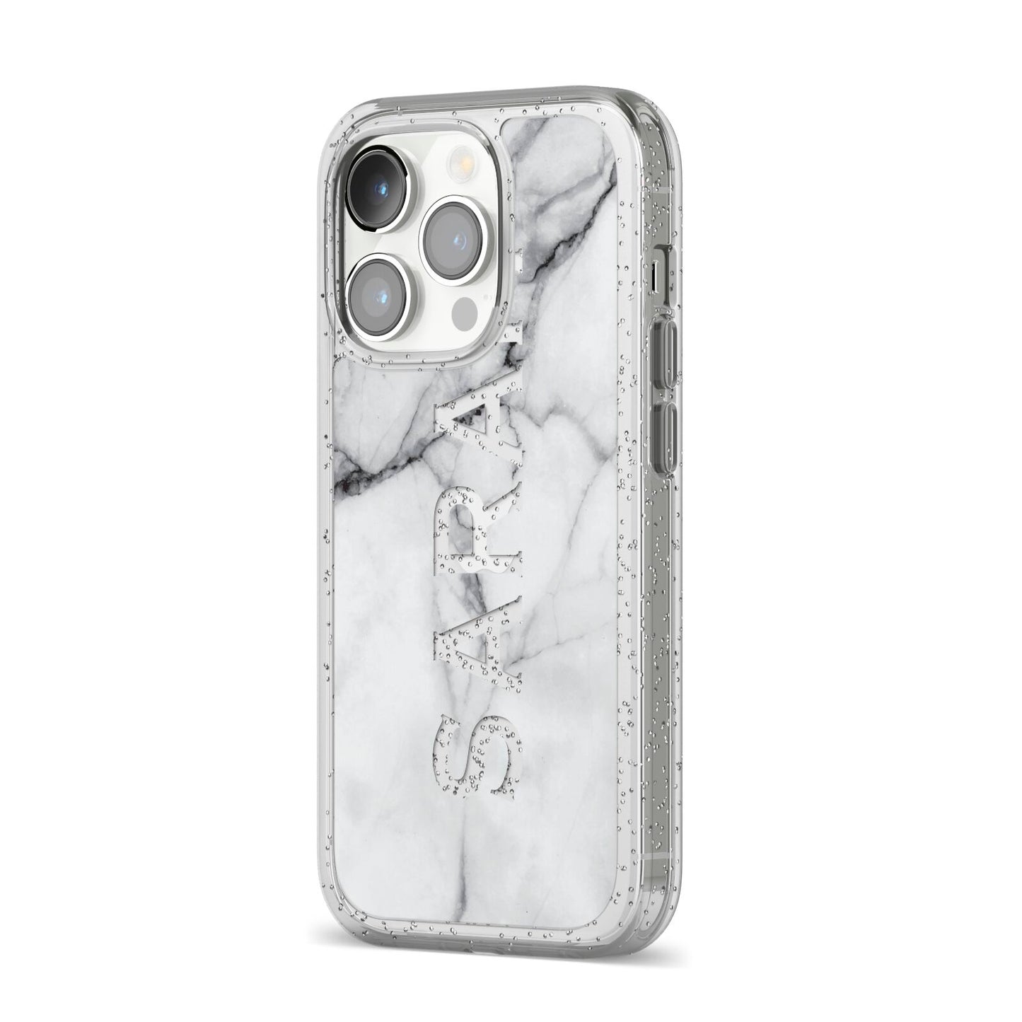 Personalised Clear Name See Through Grey Marble iPhone 14 Pro Glitter Tough Case Silver Angled Image