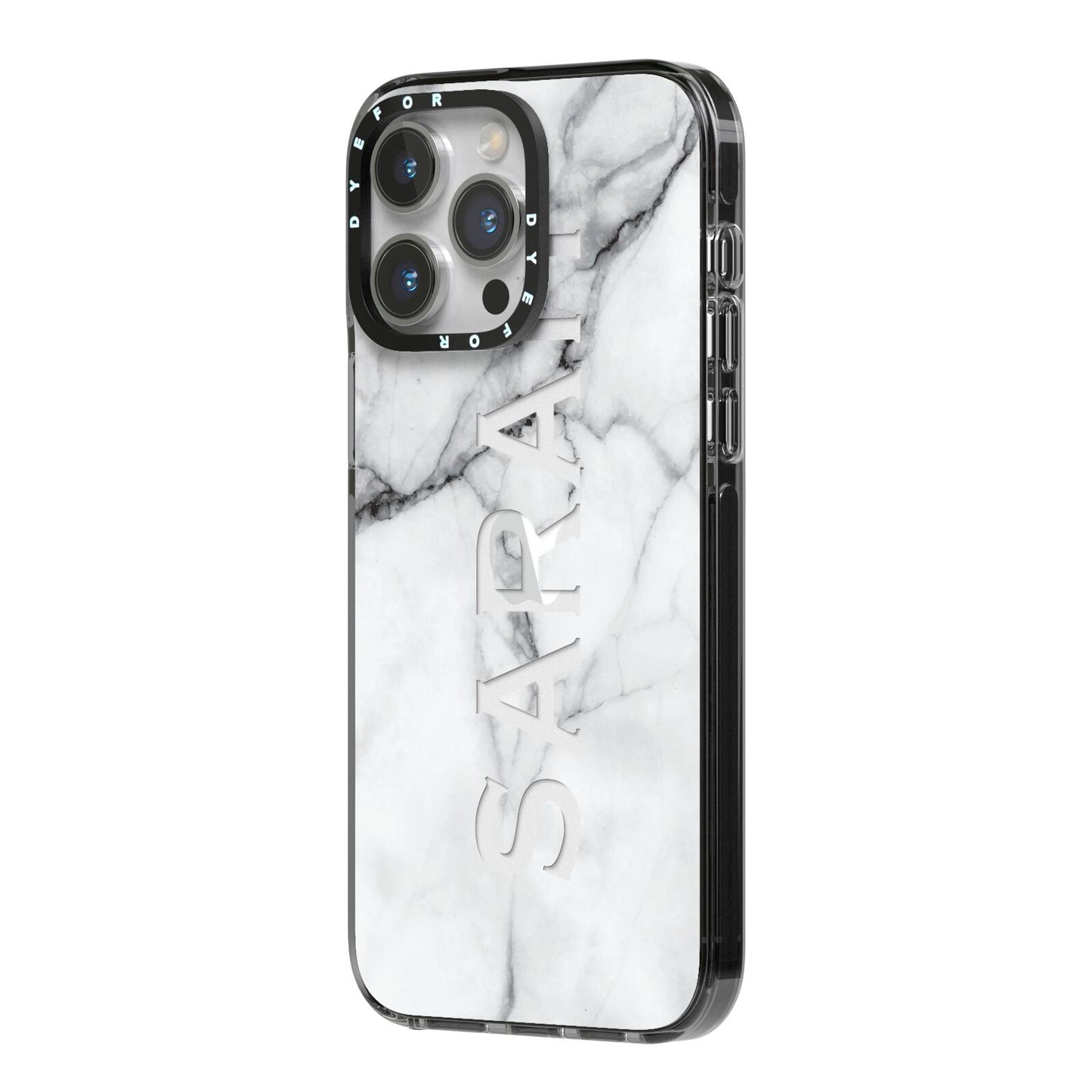 Personalised Clear Name See Through Grey Marble iPhone 14 Pro Max Black Impact Case Side Angle on Silver phone
