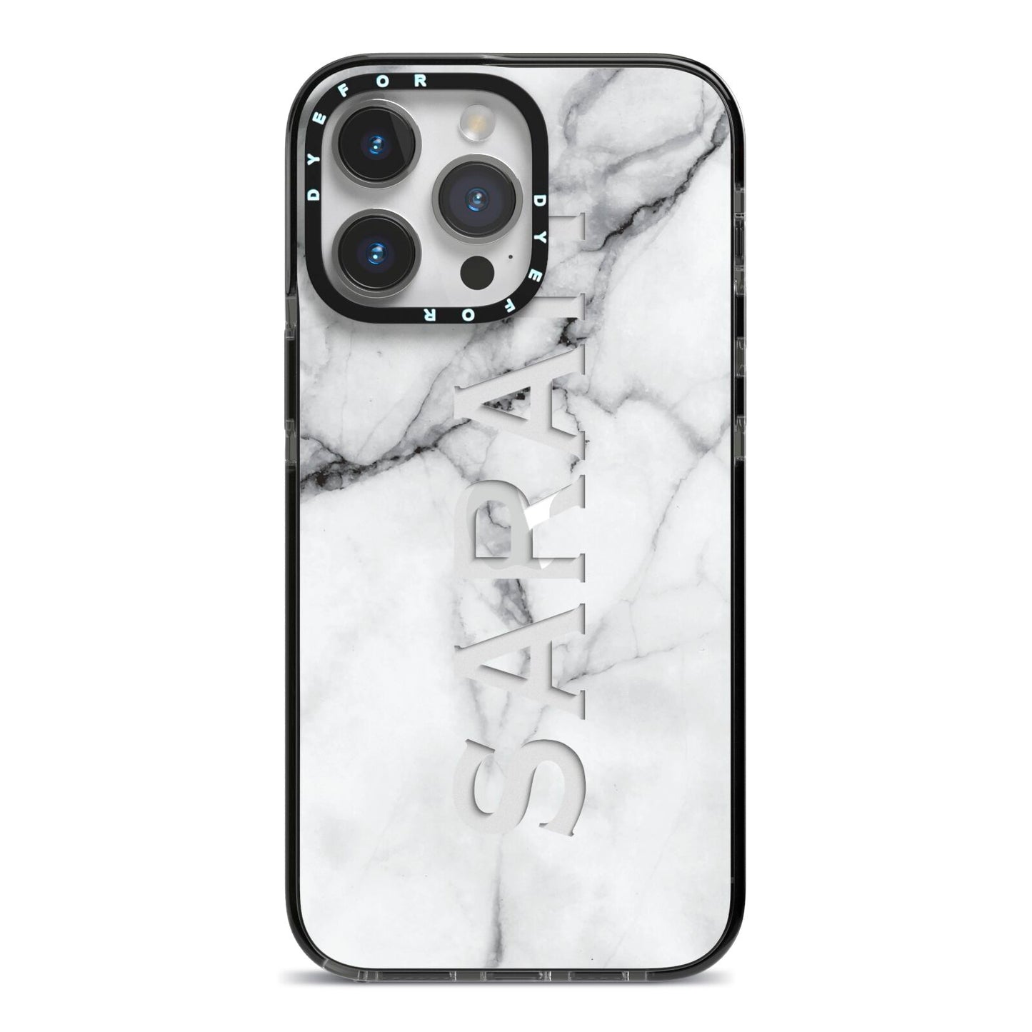 Personalised Clear Name See Through Grey Marble iPhone 14 Pro Max Black Impact Case on Silver phone