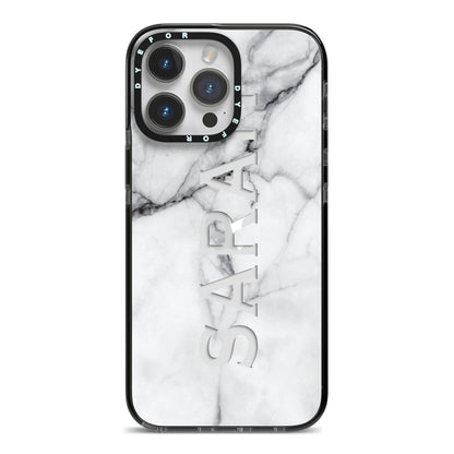Personalised Clear Name See Through Grey Marble iPhone 14 Pro Max Black Impact Case on Silver phone