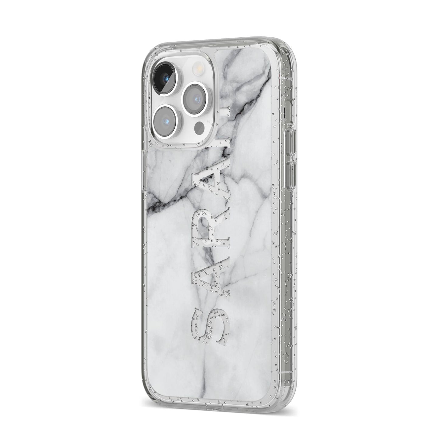 Personalised Clear Name See Through Grey Marble iPhone 14 Pro Max Glitter Tough Case Silver Angled Image