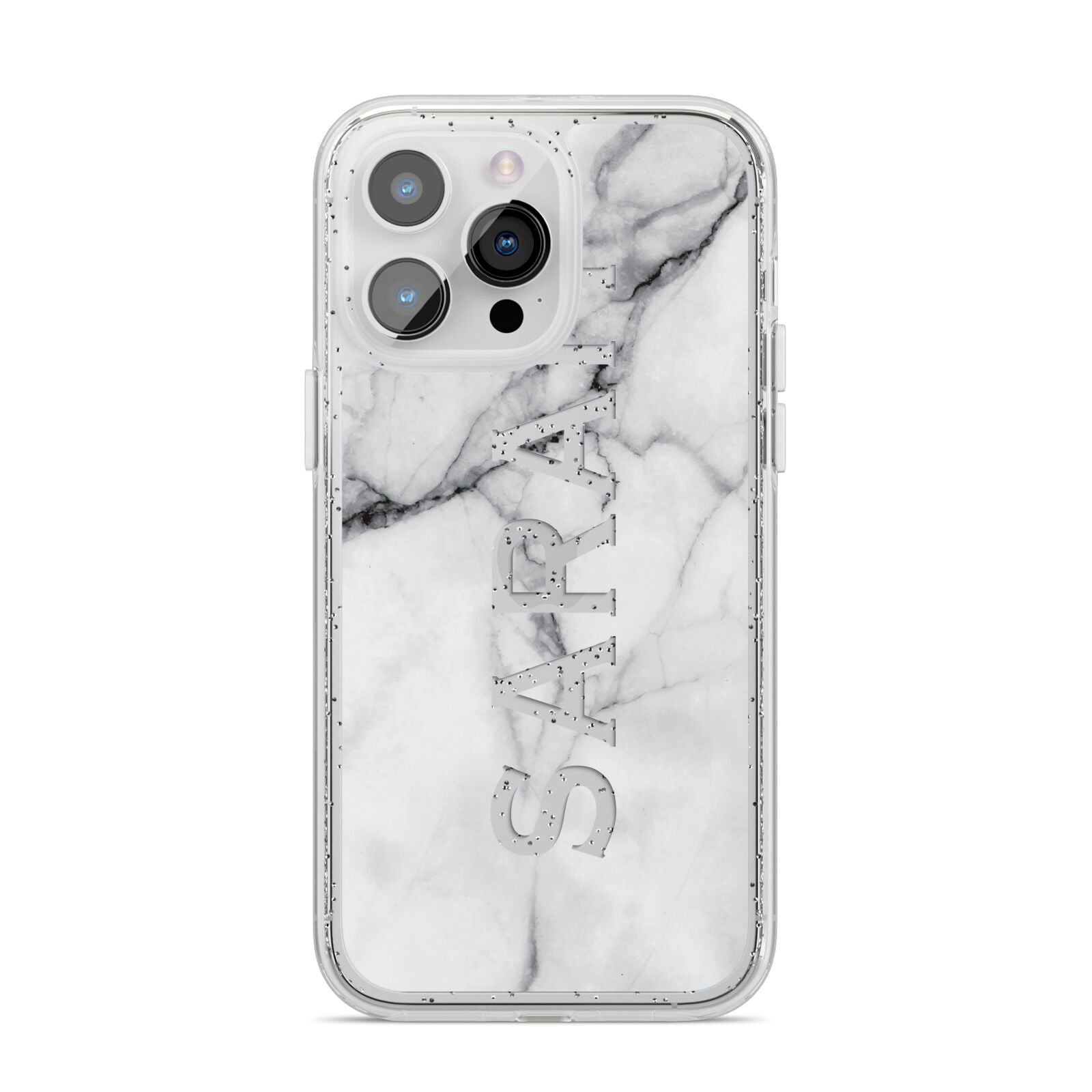 Personalised Clear Name See Through Grey Marble iPhone 14 Pro Max Glitter Tough Case Silver