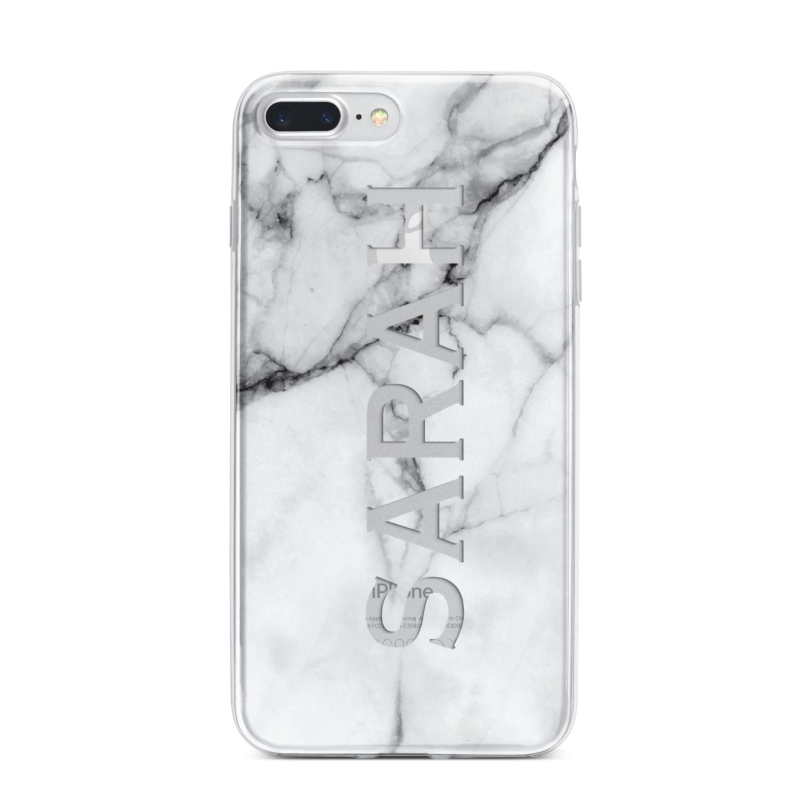 Personalised Clear Name See Through Grey Marble iPhone 7 Plus Bumper Case on Silver iPhone