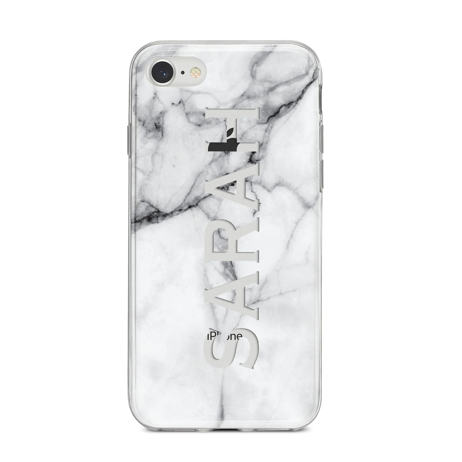 Personalised Clear Name See Through Grey Marble iPhone 8 Bumper Case on Silver iPhone