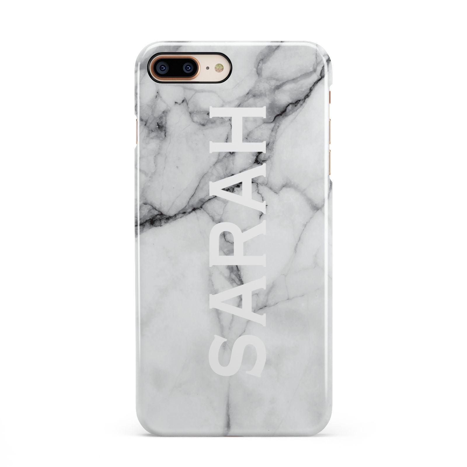 Personalised Clear Name See Through Grey Marble iPhone 8 Plus 3D Snap Case on Gold Phone