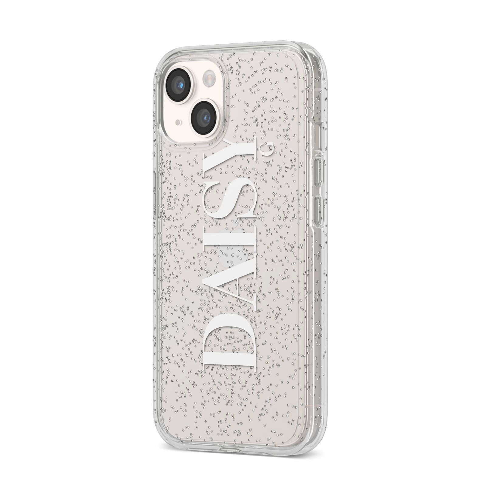 Personalised Clear Name iPhone 14 Glitter Tough Case Starlight Angled Image