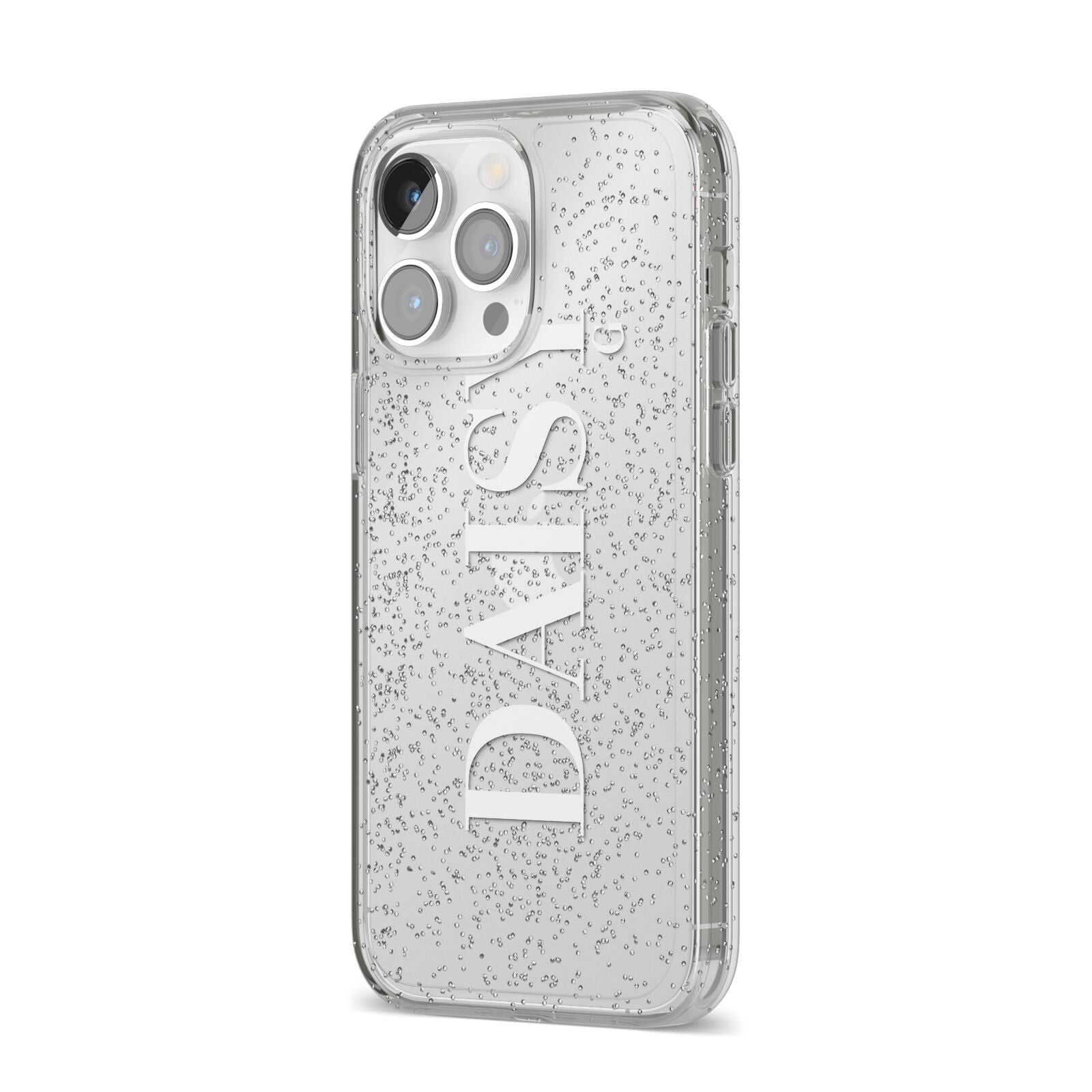Personalised Clear Name iPhone 14 Pro Max Glitter Tough Case Silver Angled Image