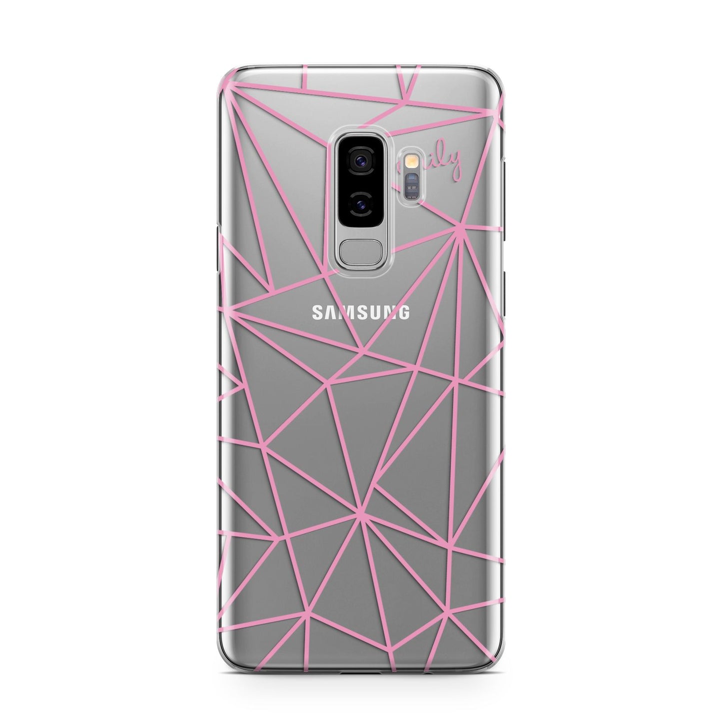 Personalised Clear Outlines Name Pink Samsung Galaxy S9 Plus Case on Silver phone