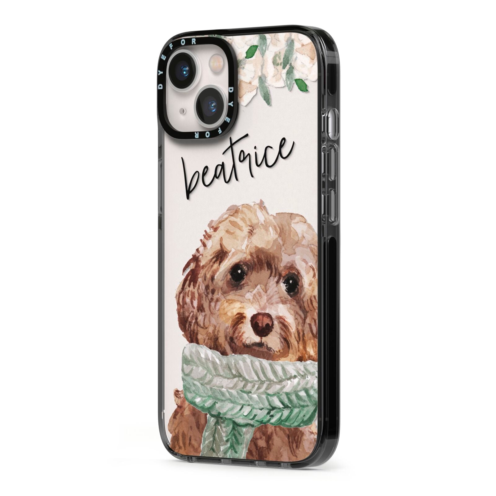 Personalised Cockapoo Dog iPhone 13 Black Impact Case Side Angle on Silver phone