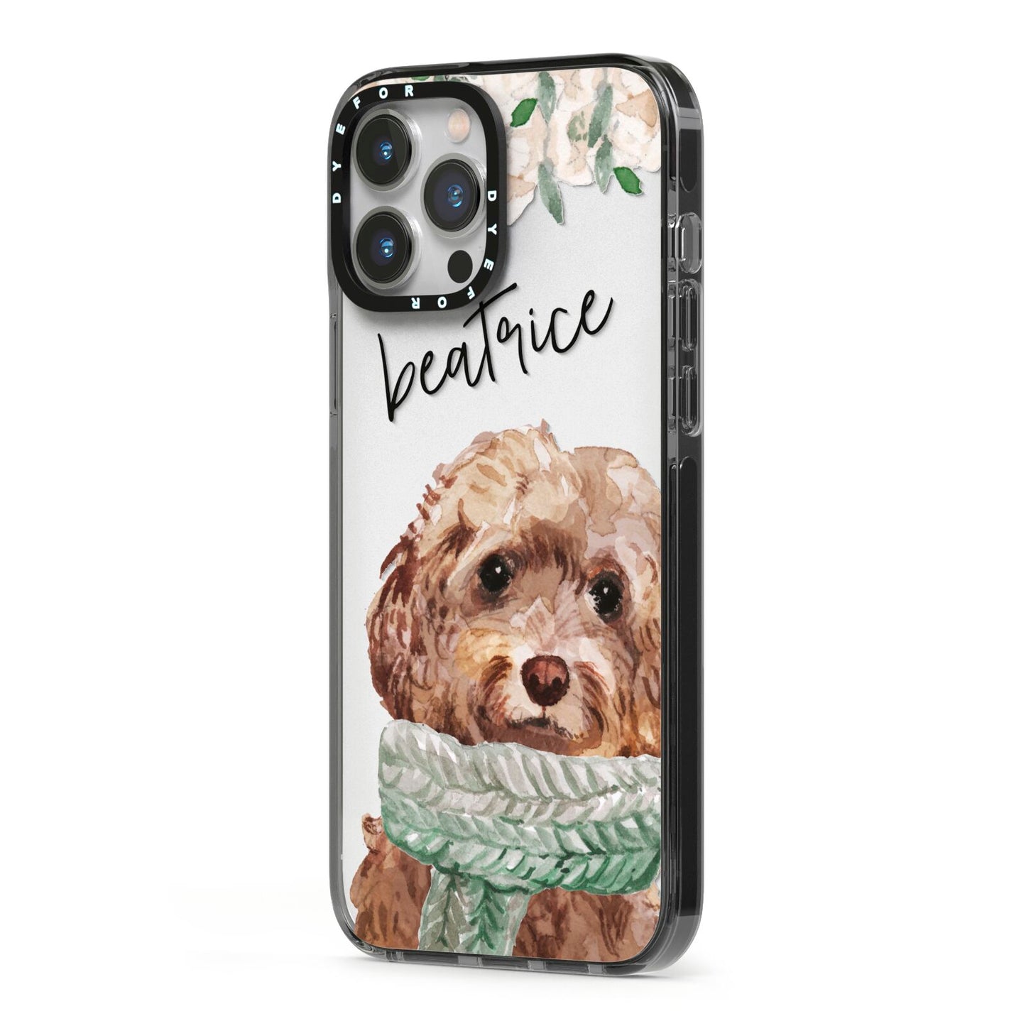 Personalised Cockapoo Dog iPhone 13 Pro Max Black Impact Case Side Angle on Silver phone