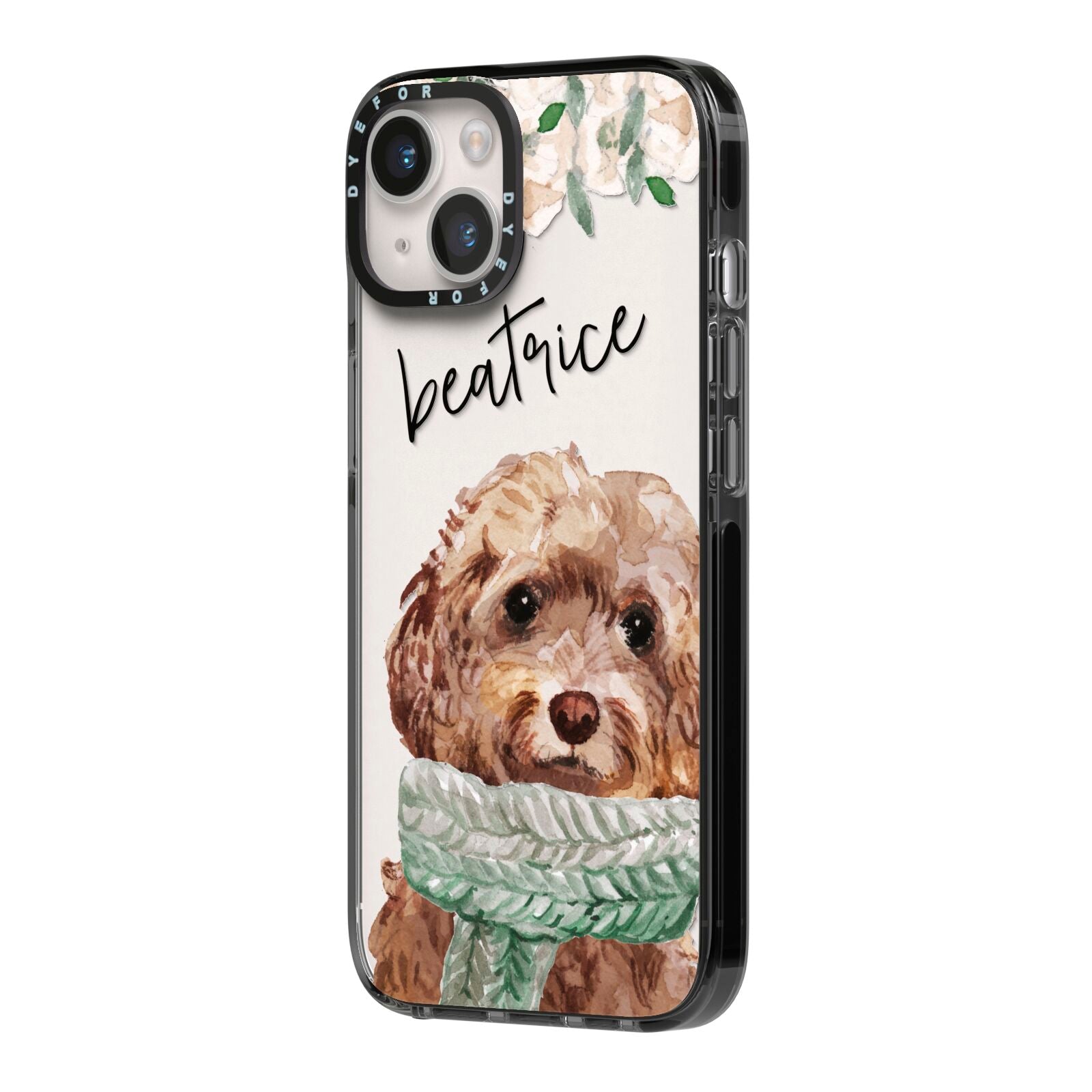 Personalised Cockapoo Dog iPhone 14 Black Impact Case Side Angle on Silver phone