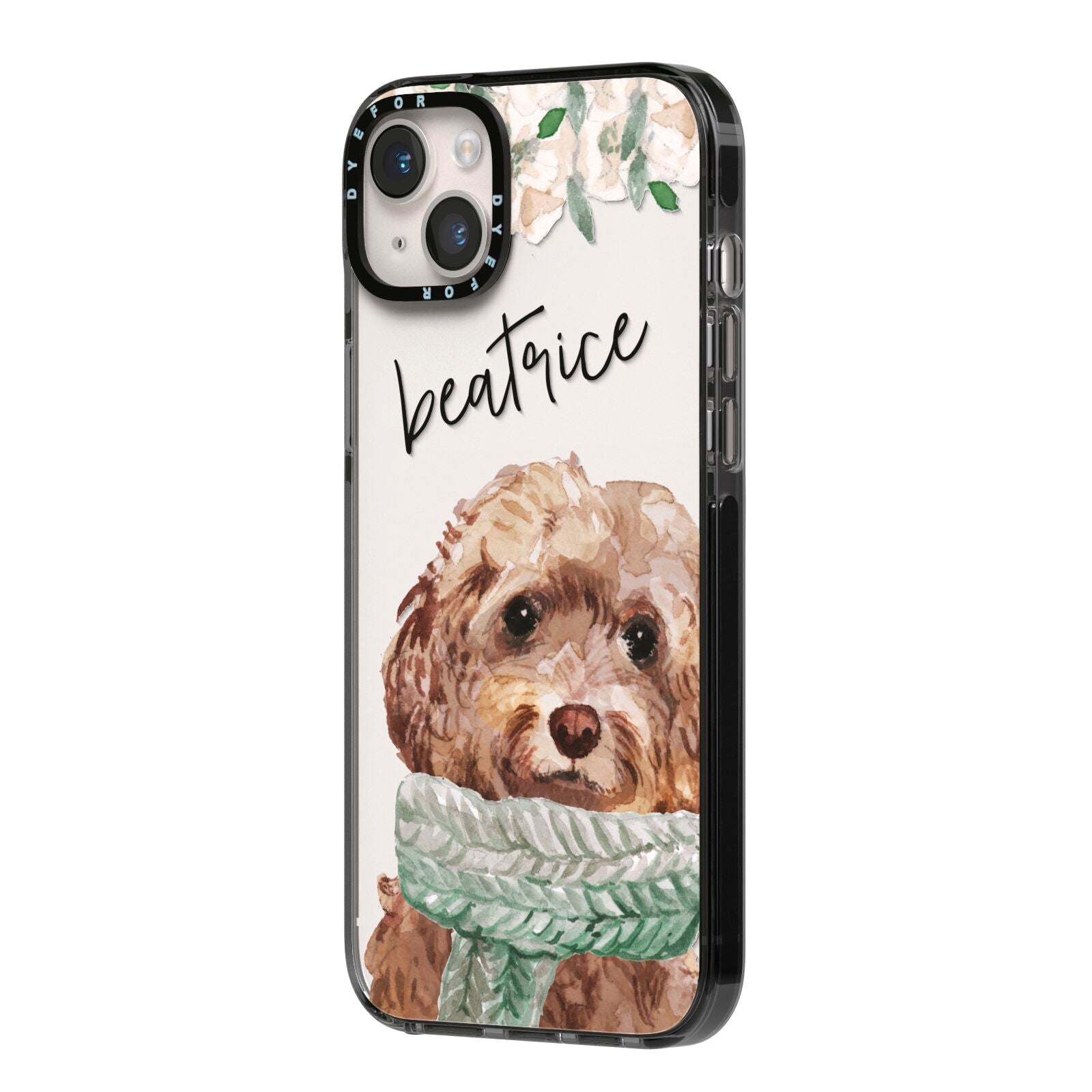 Personalised Cockapoo Dog iPhone 14 Plus Black Impact Case Side Angle on Silver phone