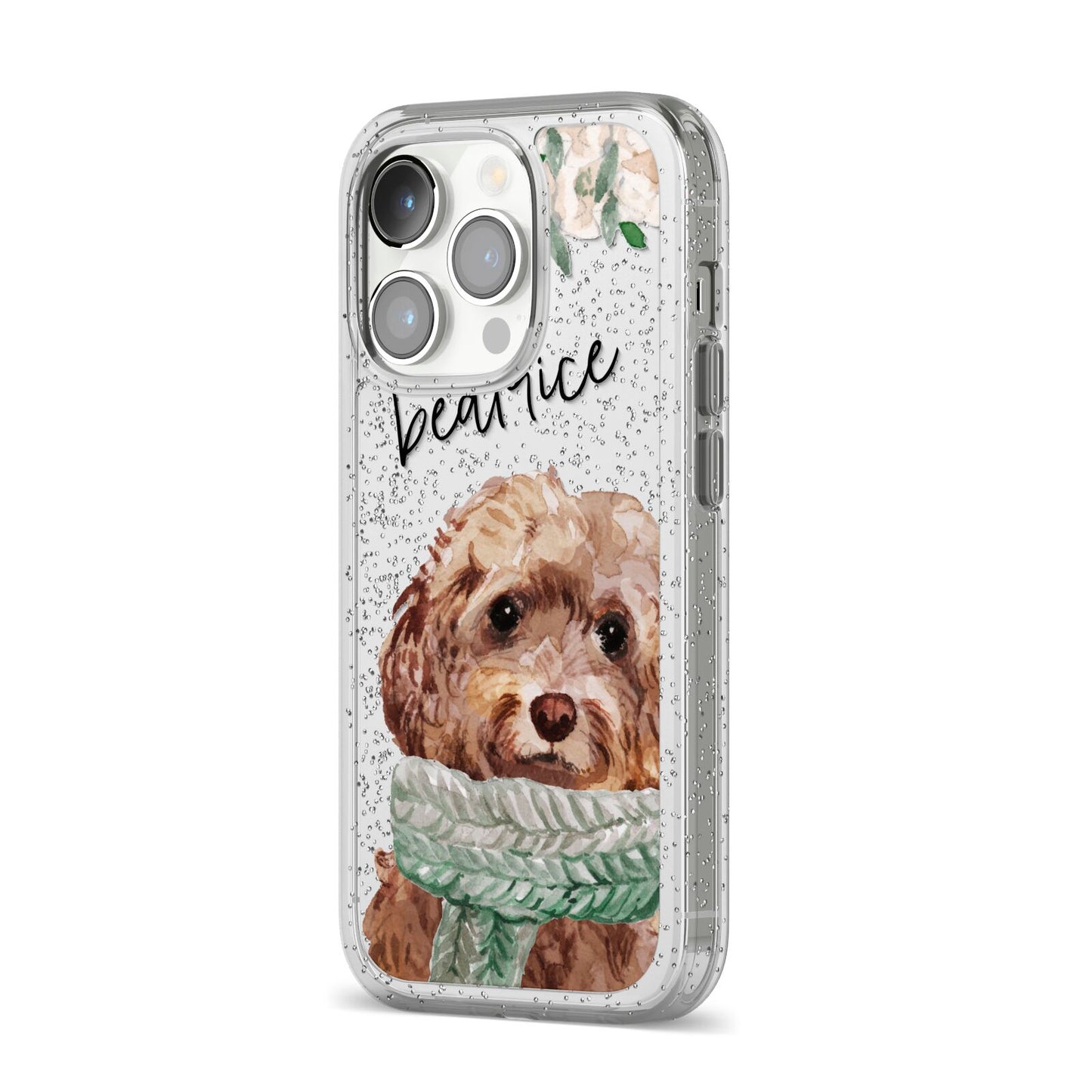 Personalised Cockapoo Dog iPhone 14 Pro Glitter Tough Case Silver Angled Image
