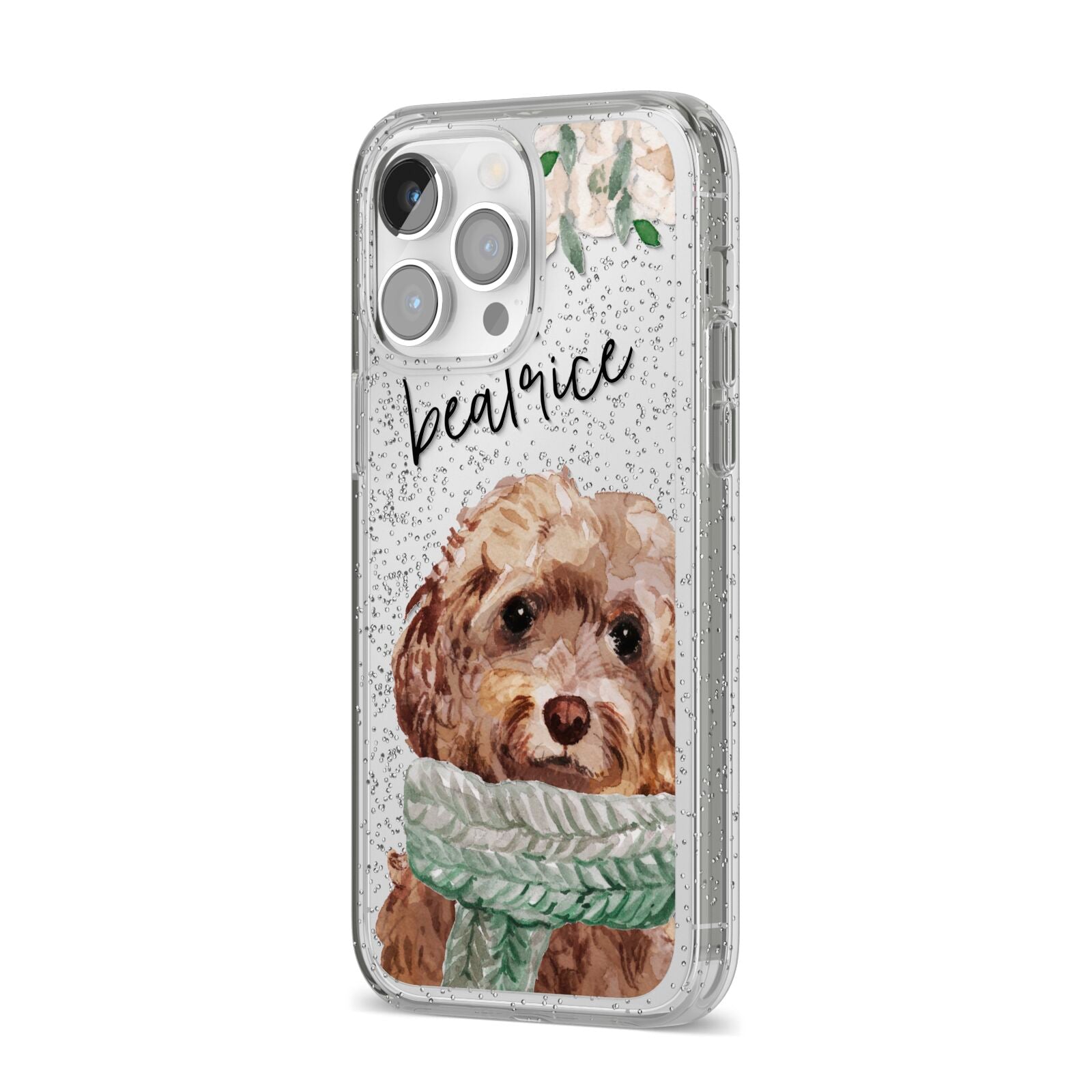 Personalised Cockapoo Dog iPhone 14 Pro Max Glitter Tough Case Silver Angled Image