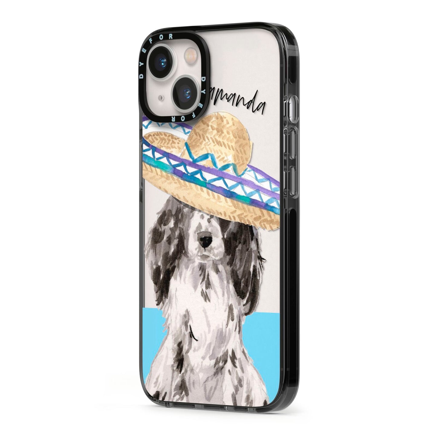 Personalised Cocker Spaniel iPhone 13 Black Impact Case Side Angle on Silver phone