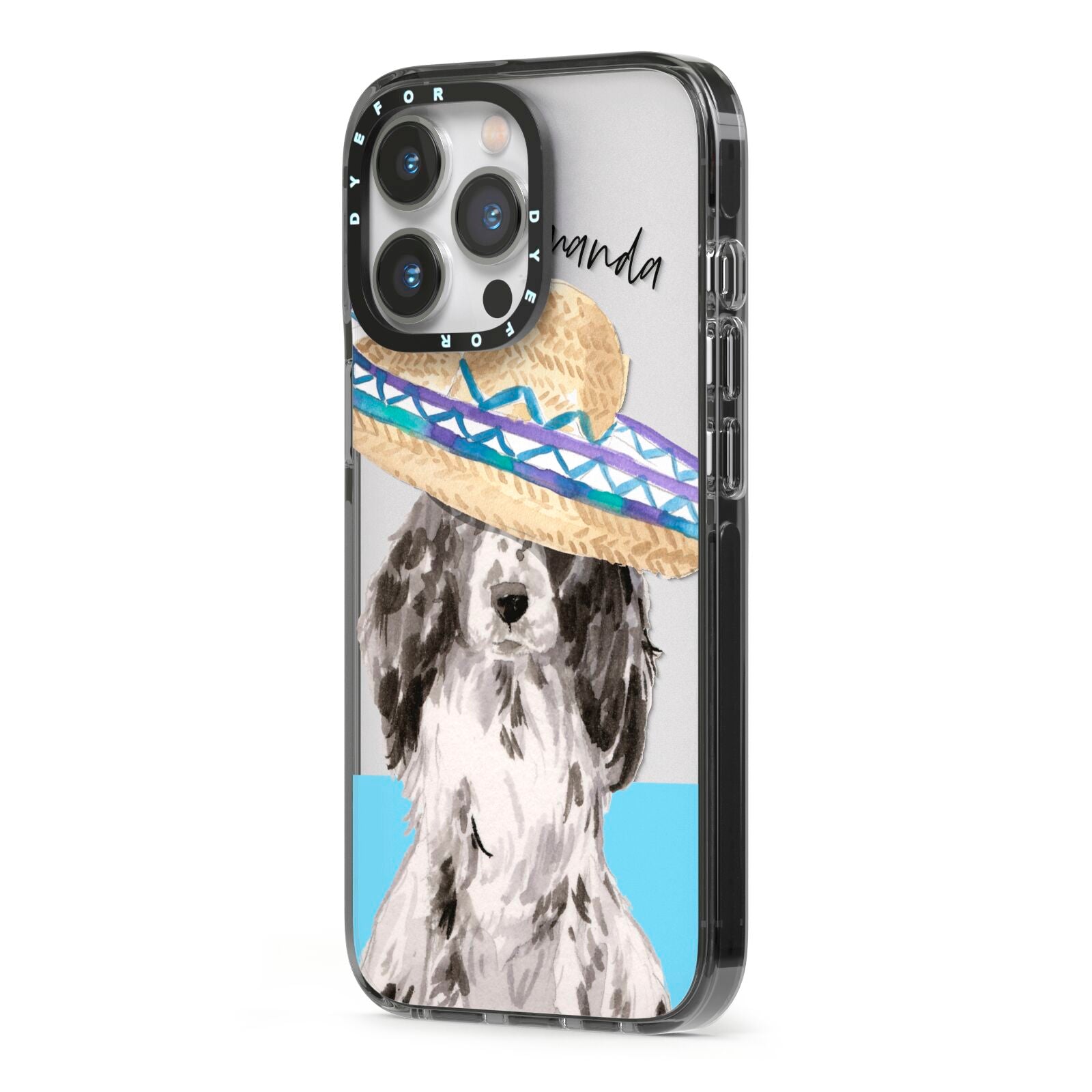 Personalised Cocker Spaniel iPhone 13 Pro Black Impact Case Side Angle on Silver phone