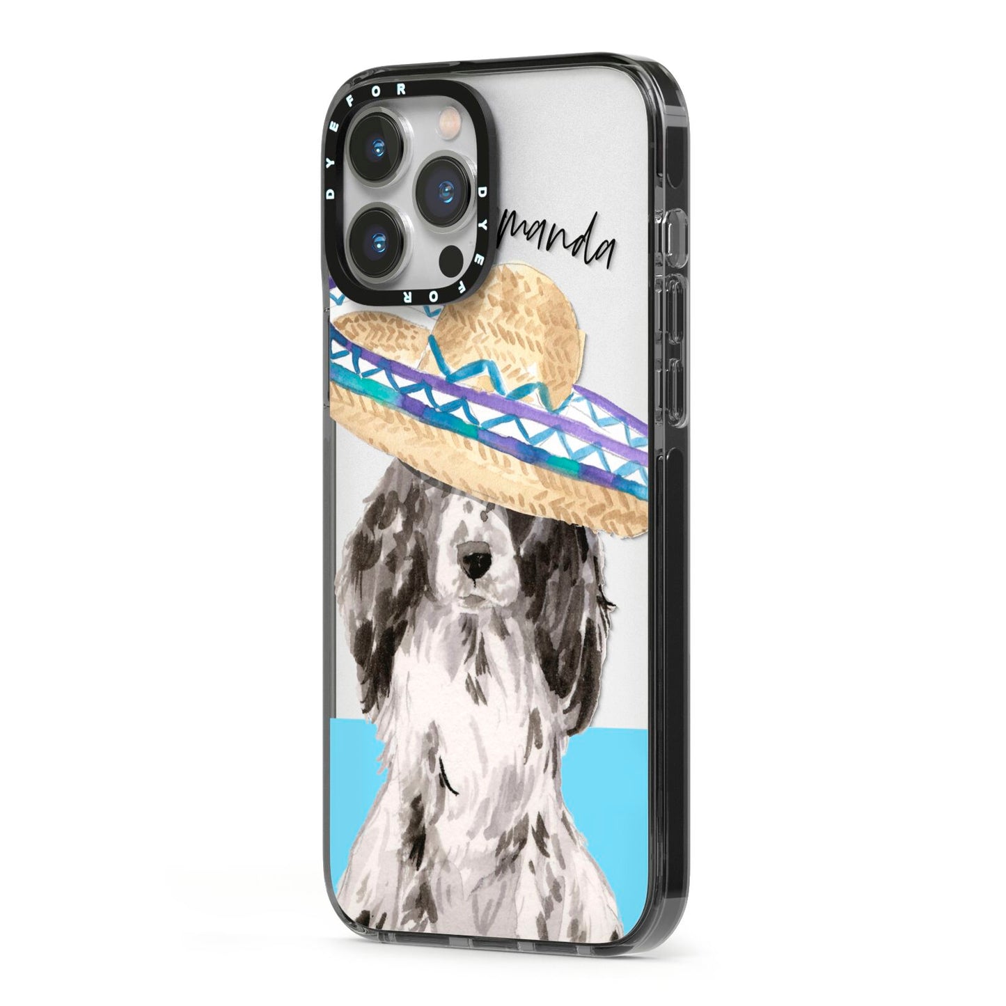 Personalised Cocker Spaniel iPhone 13 Pro Max Black Impact Case Side Angle on Silver phone