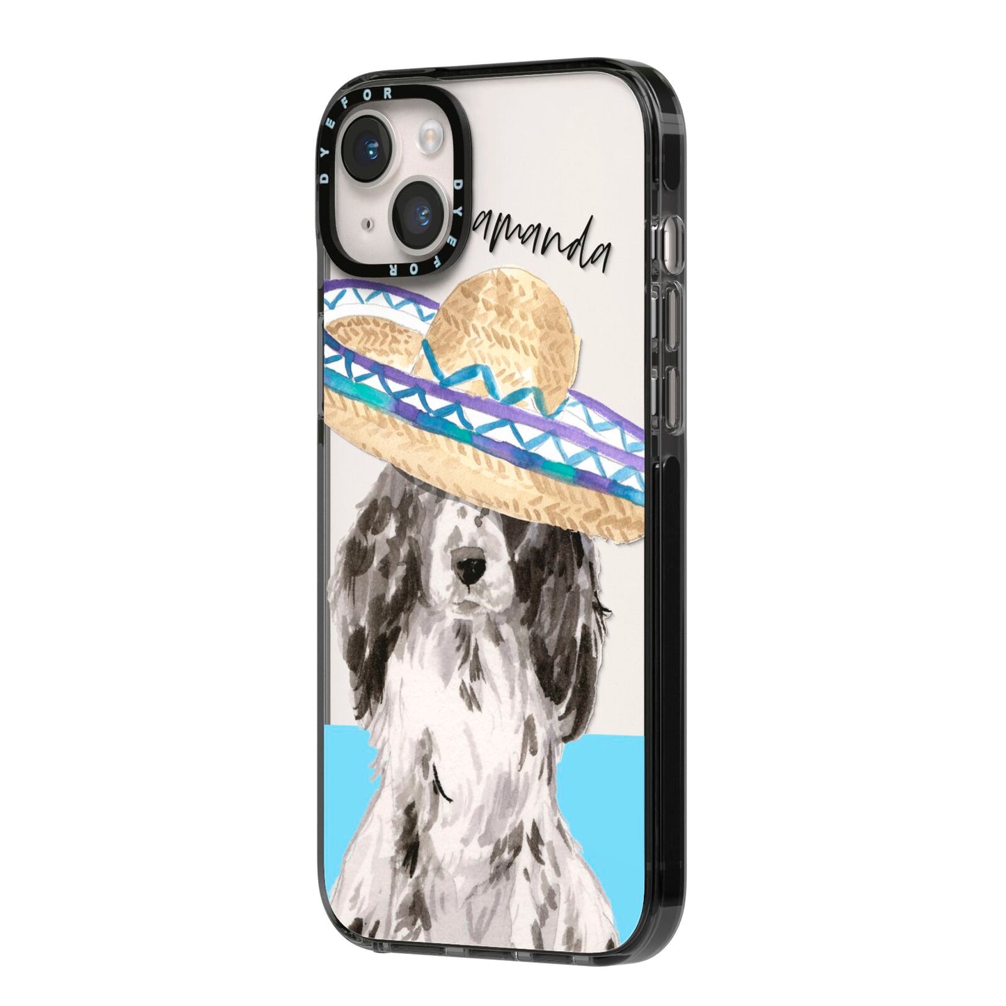 Personalised Cocker Spaniel iPhone 14 Plus Black Impact Case Side Angle on Silver phone