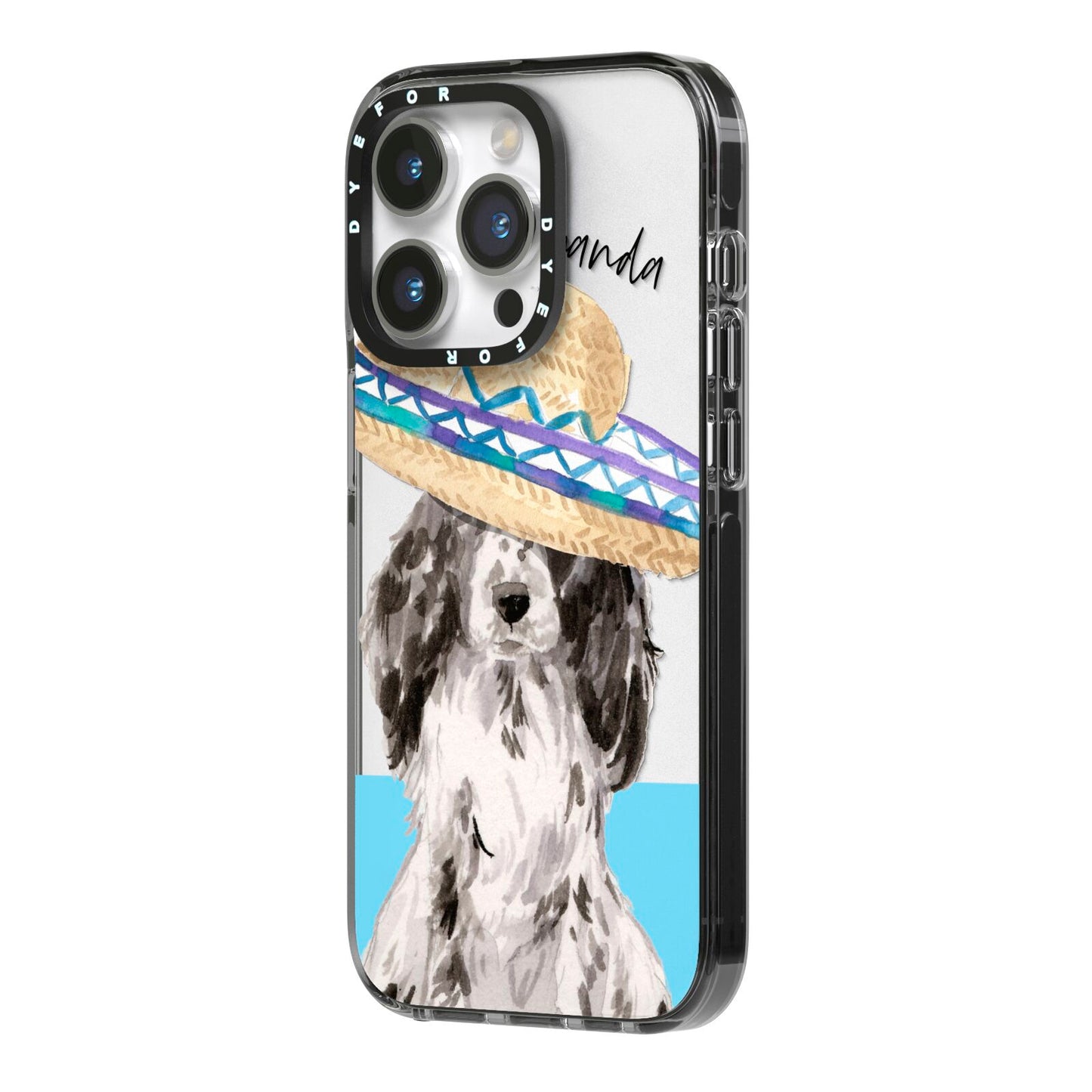 Personalised Cocker Spaniel iPhone 14 Pro Black Impact Case Side Angle on Silver phone