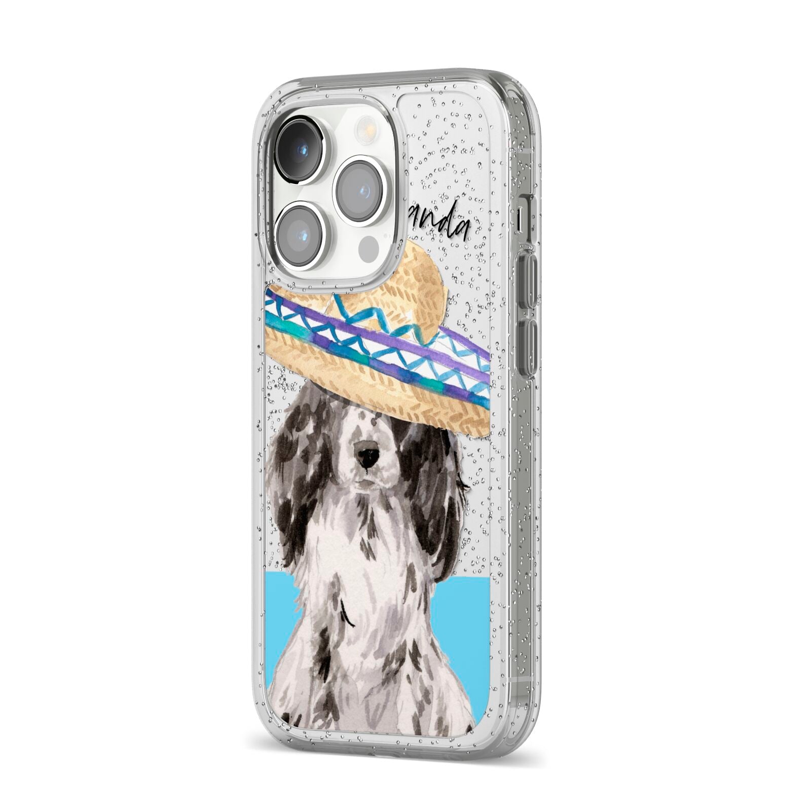 Personalised Cocker Spaniel iPhone 14 Pro Glitter Tough Case Silver Angled Image