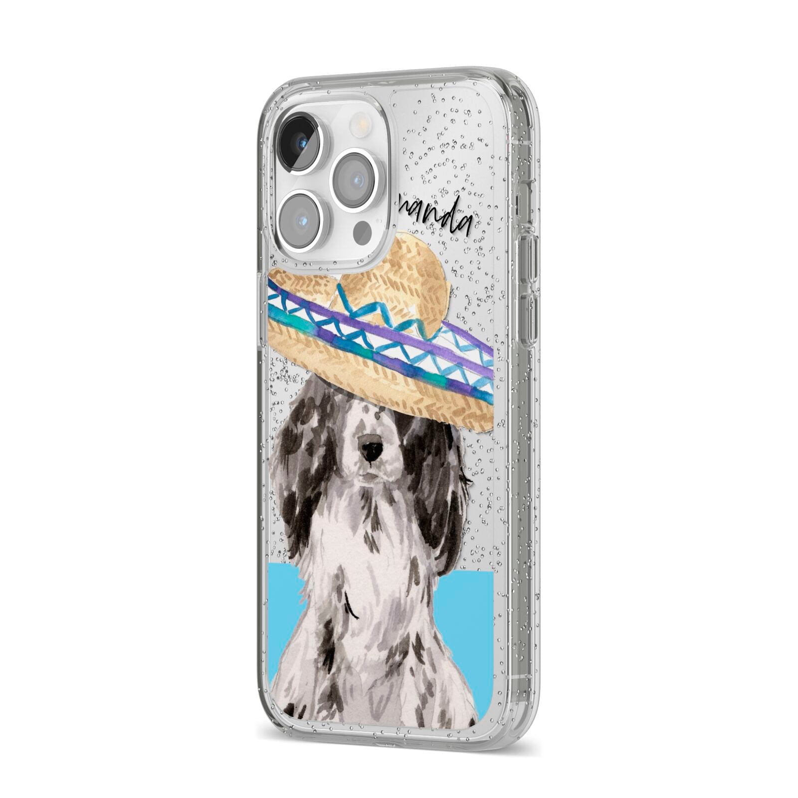 Personalised Cocker Spaniel iPhone 14 Pro Max Glitter Tough Case Silver Angled Image