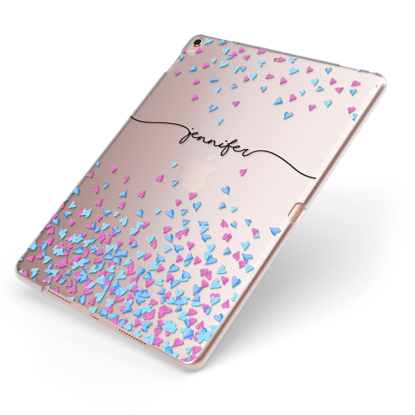 Personalised Confetti Hearts Apple iPad Case on Rose Gold iPad Side View