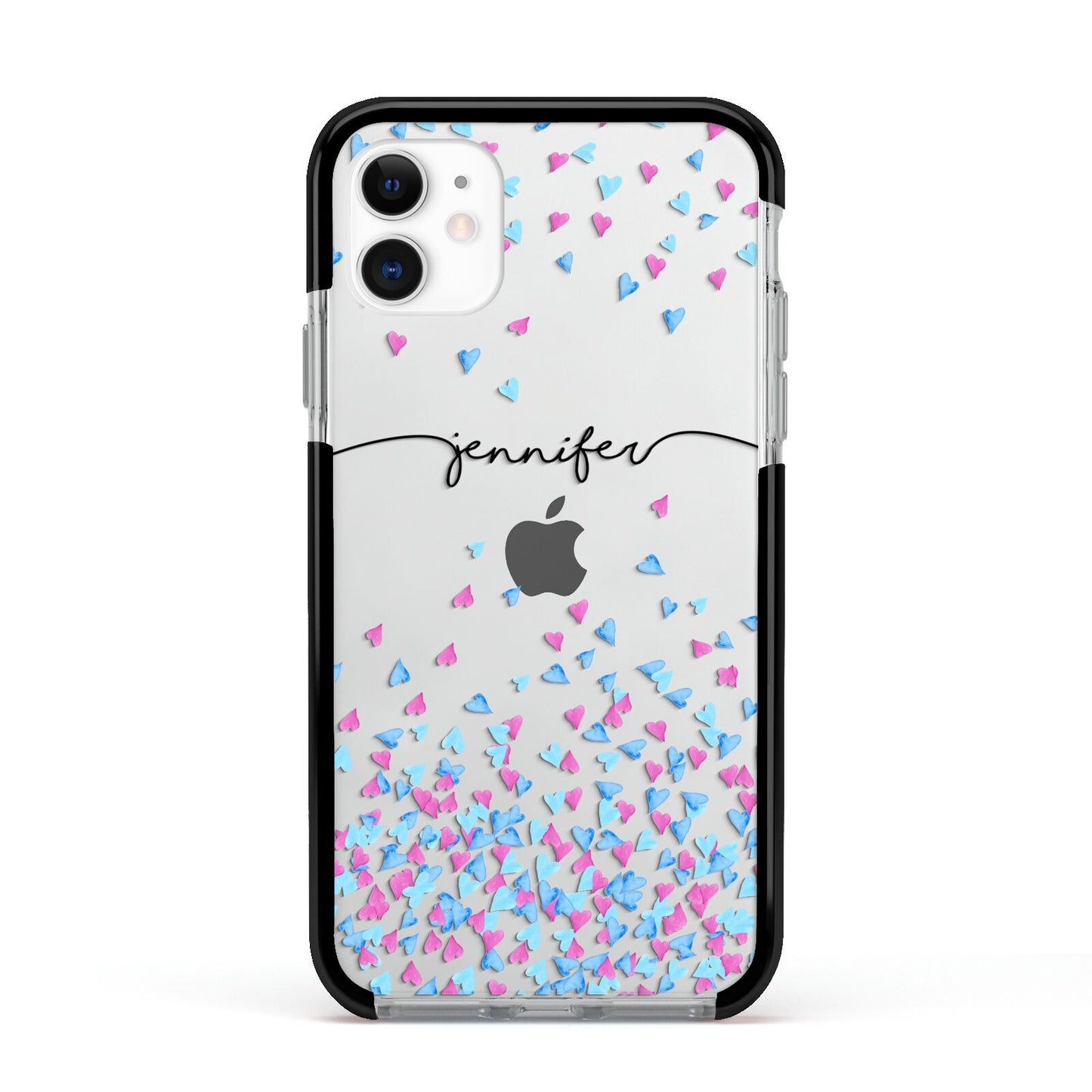Personalised Confetti Hearts Apple iPhone 11 in White with Black Impact Case