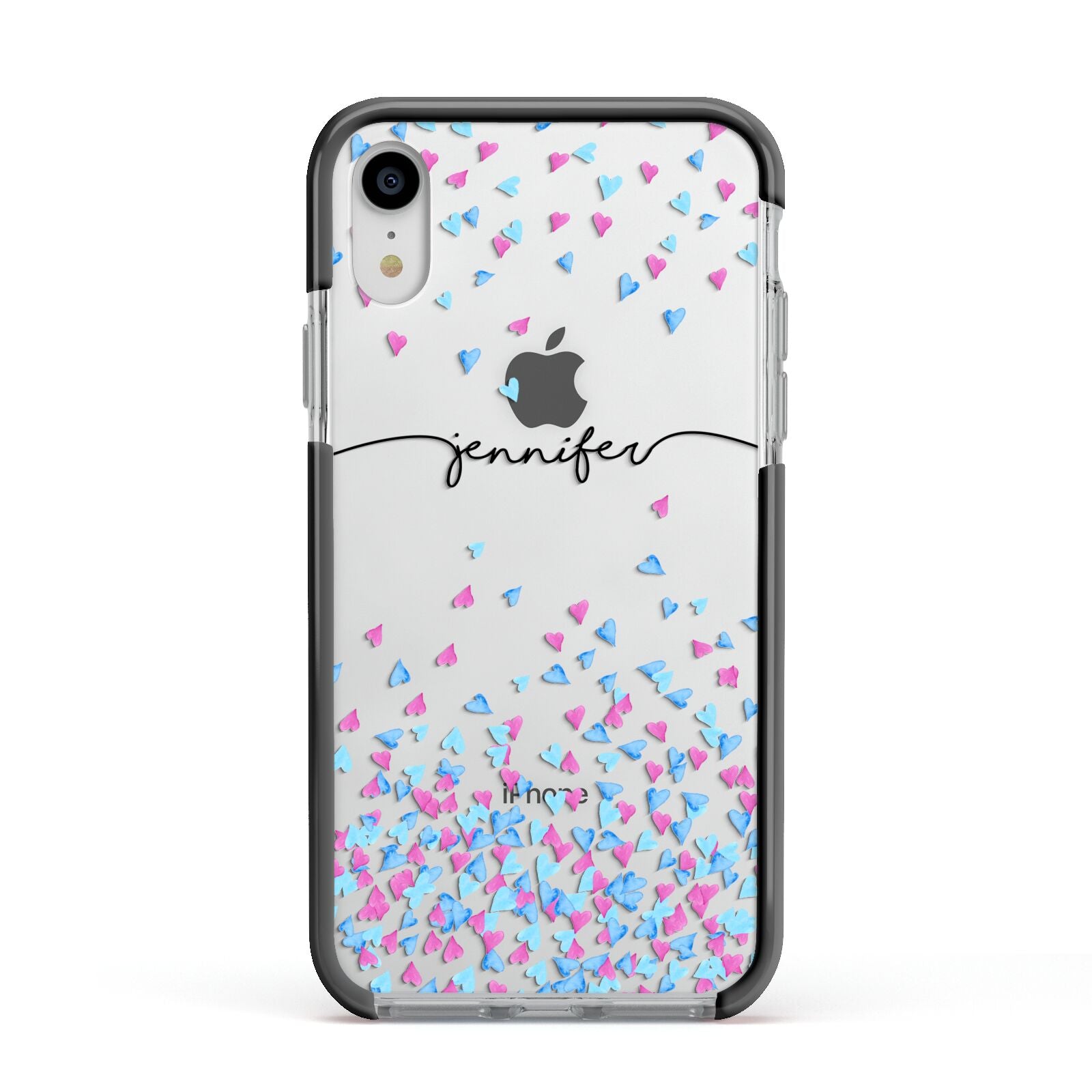 Personalised Confetti Hearts Apple iPhone XR Impact Case Black Edge on Silver Phone